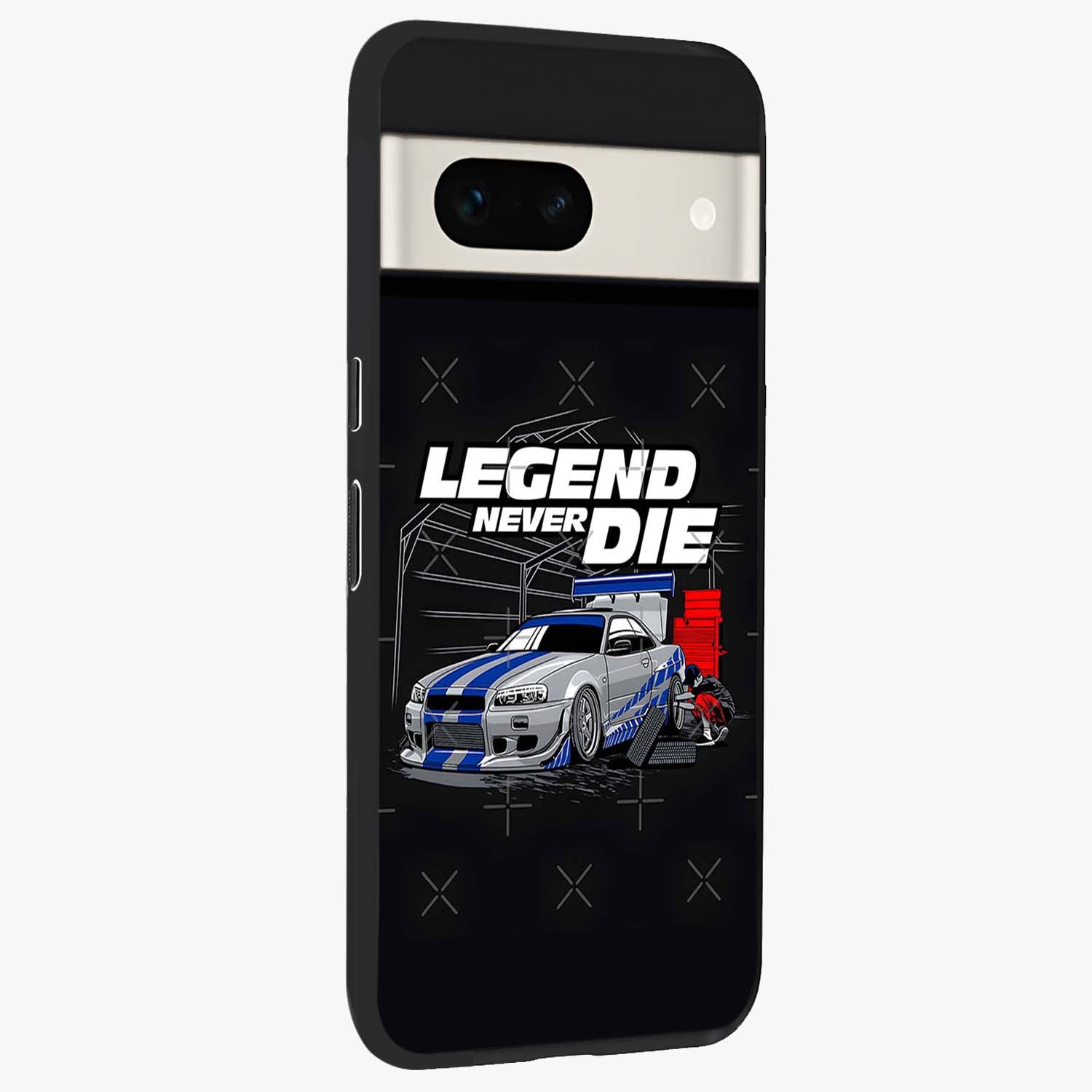 Midnight Racing Legacy Glass Case upright view showcasing powerful racing artwork with modern sports theme.