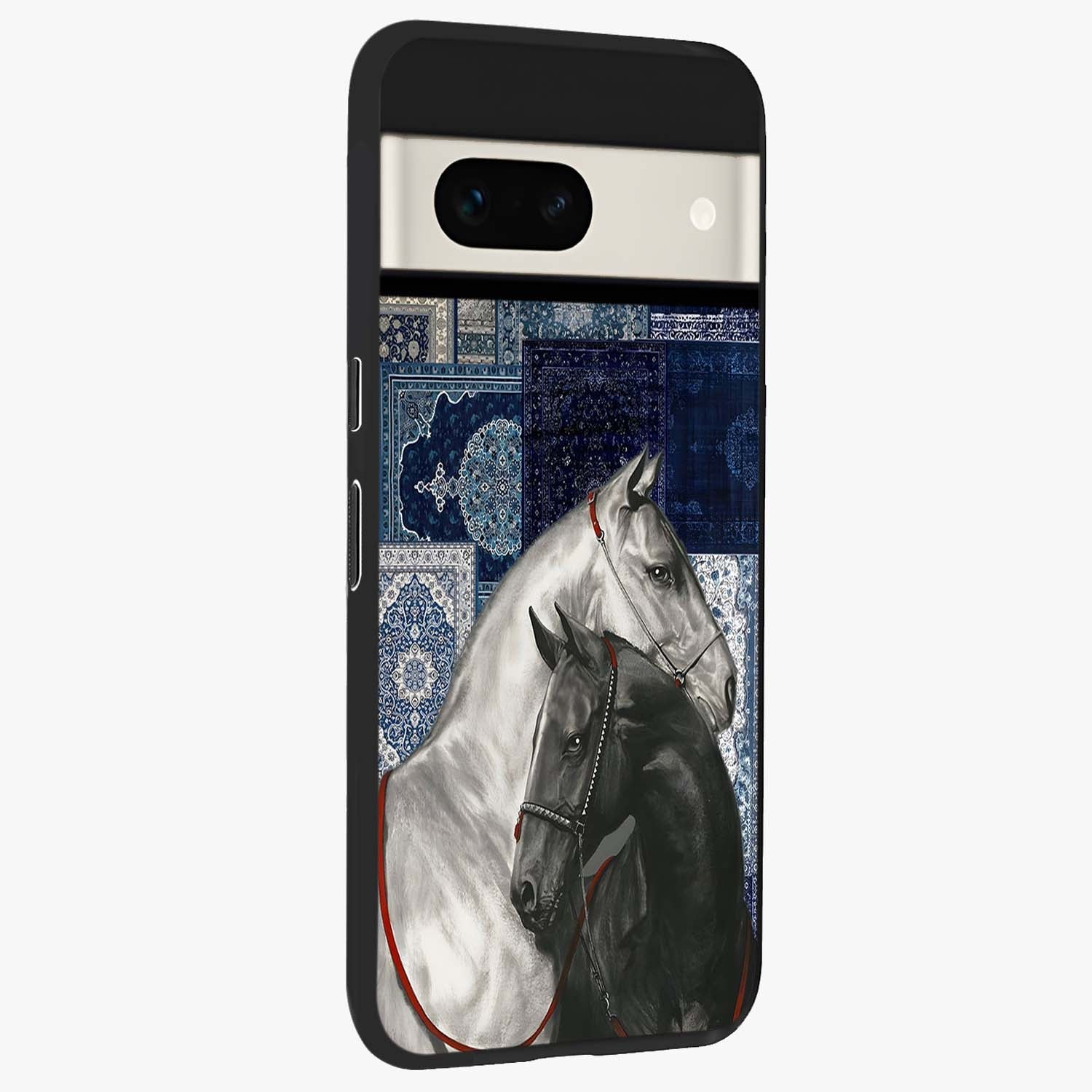Midnight Stallion Blues Glass Case upright view showcasing dramatic horse artwork with bold artistic theme.