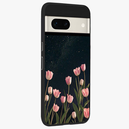 Midnight Tulip Whispers Vibe Glass Case upright view showcasing graceful tulip artwork with calm botanical theme.