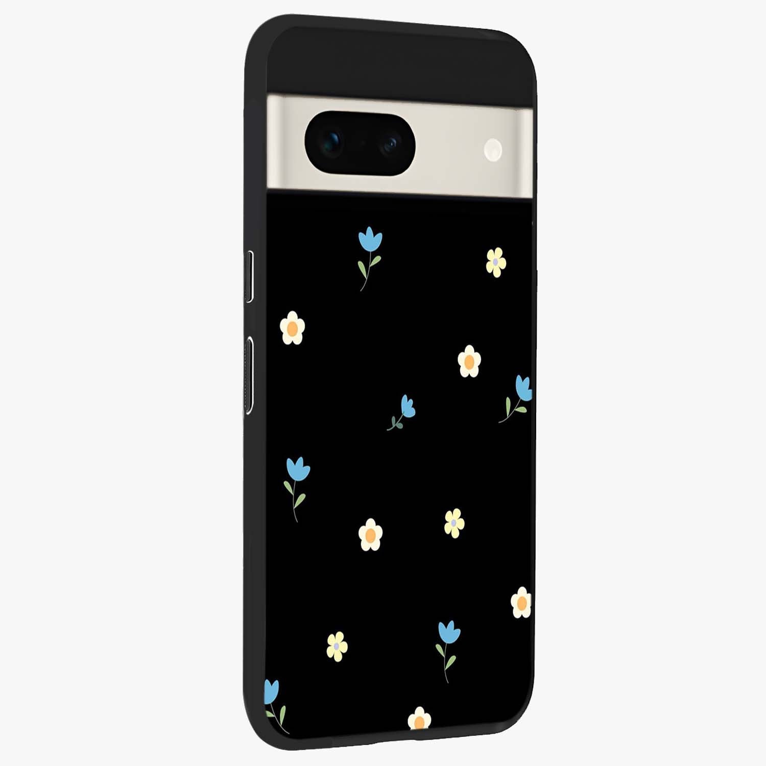 Minimal Petal Whispers Glass Case upright view showcasing elegant floral artwork with modern minimalist style.