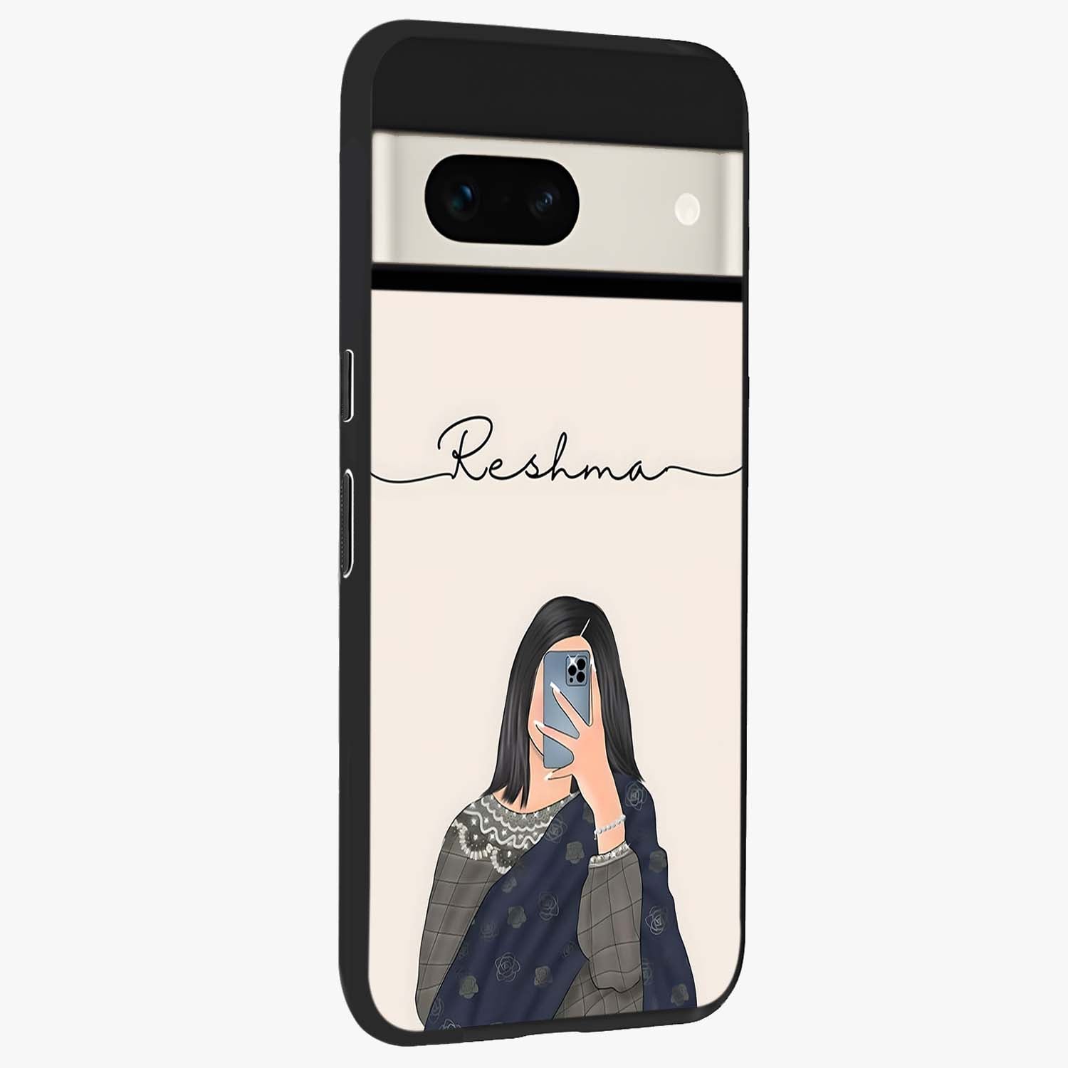 Mirror Mood Muse With Custom Name Glass Case upright view showcasing artistic mirror themed artwork with personalized aesthetic.