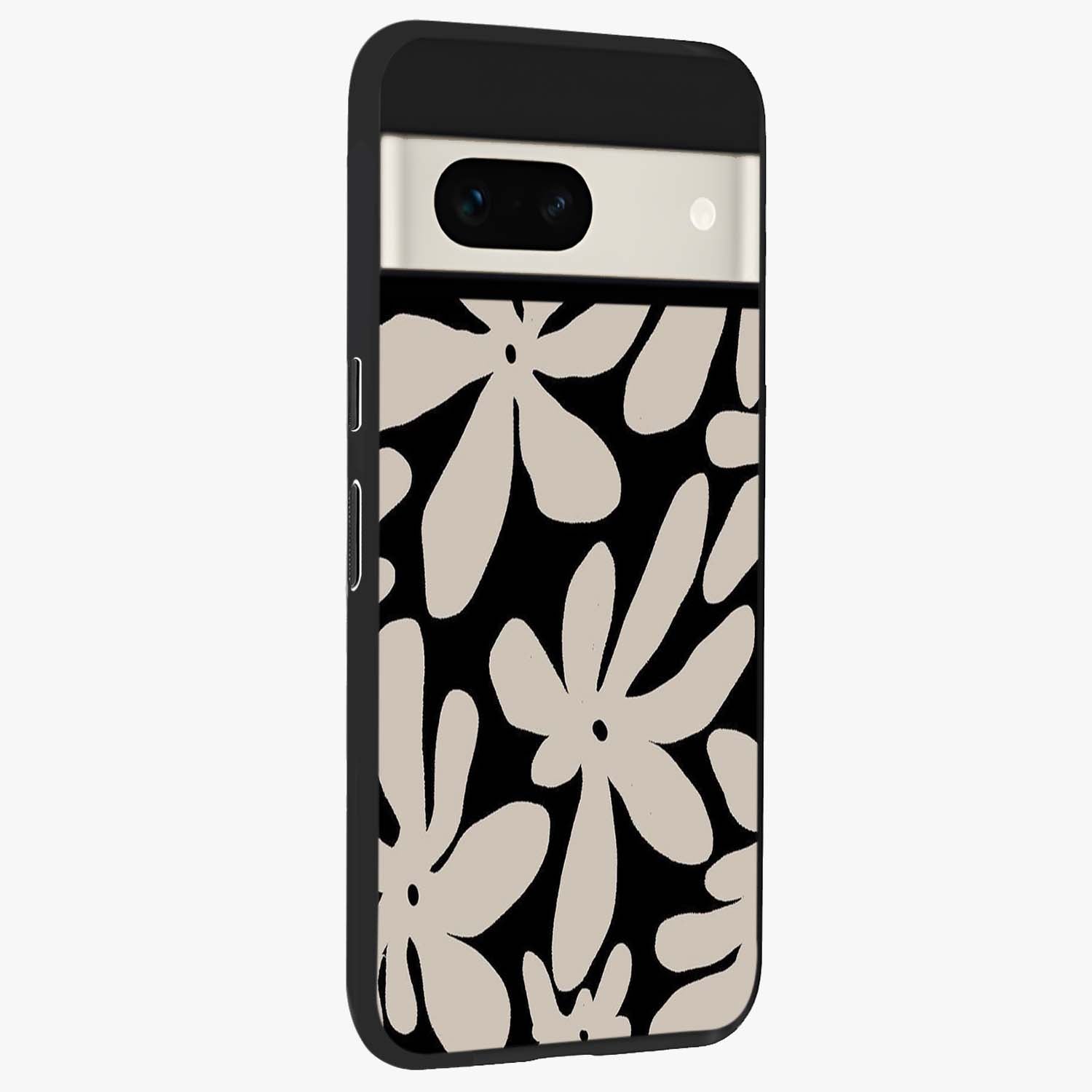Monochrome Petal Dance Glass Case upright view showcasing artistic floral pattern with stylish monochrome theme.