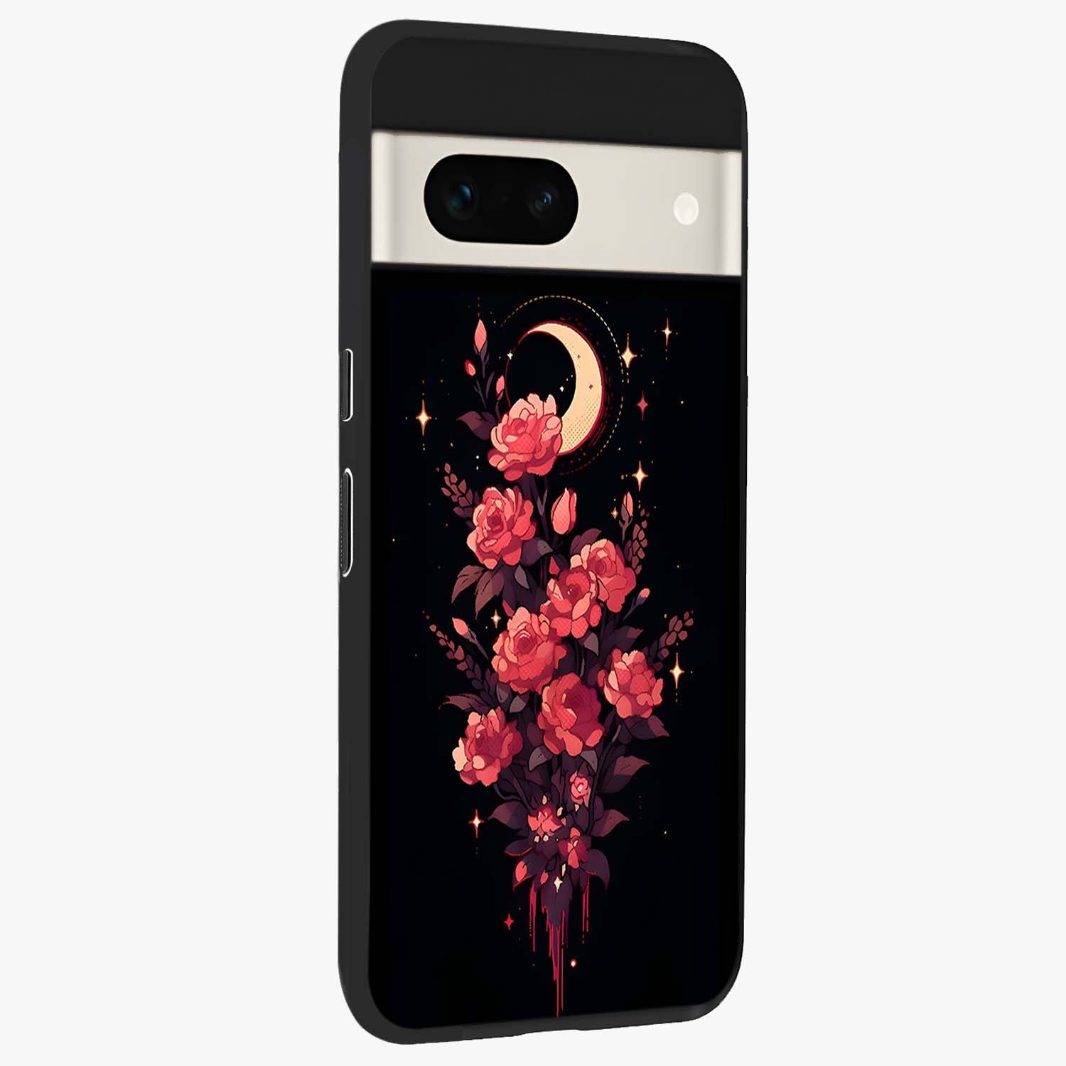 Moonlit Floral Elegance Glass Case upright view showcasing delicate floral artwork with refined night inspired theme.