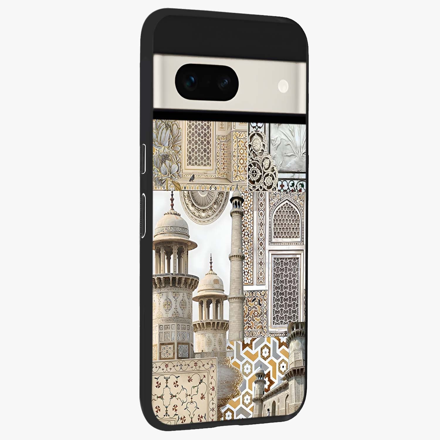 Mughal Marble Legacy Glass Case upright view showcasing ornate Mughal design with luxurious traditional theme.