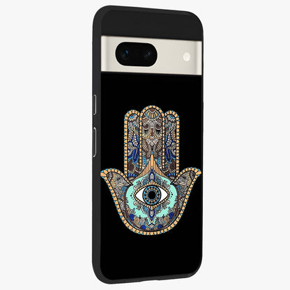Mystic Hamsa Eye Glass Case upright view showcasing detailed hamsa eye artwork with protective spiritual theme.