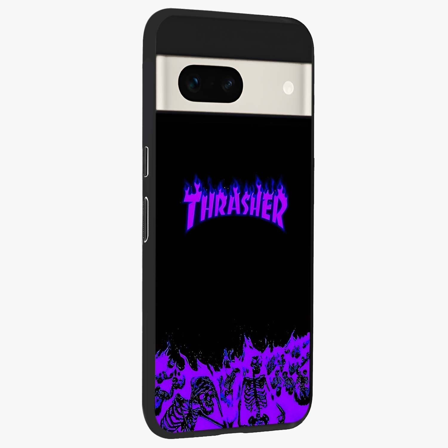 Neon Flame Riot Glass Case upright view showcasing dynamic flame artwork with energetic neon theme.