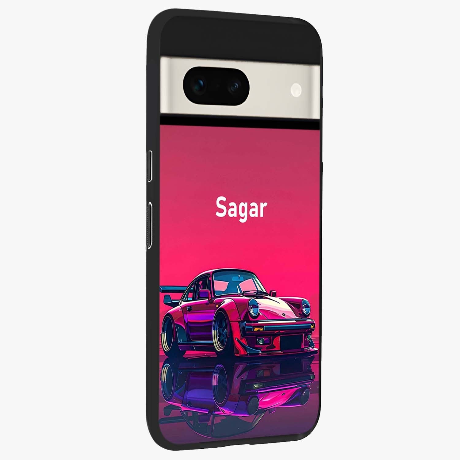 Neon Pink Porsche Glass Case upright view showcasing vibrant sports car artwork with bold automotive theme.