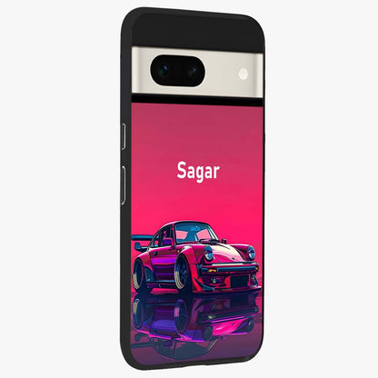 Neon Pink Porsche Glass Case upright view showcasing vibrant sports car artwork with bold automotive theme.
