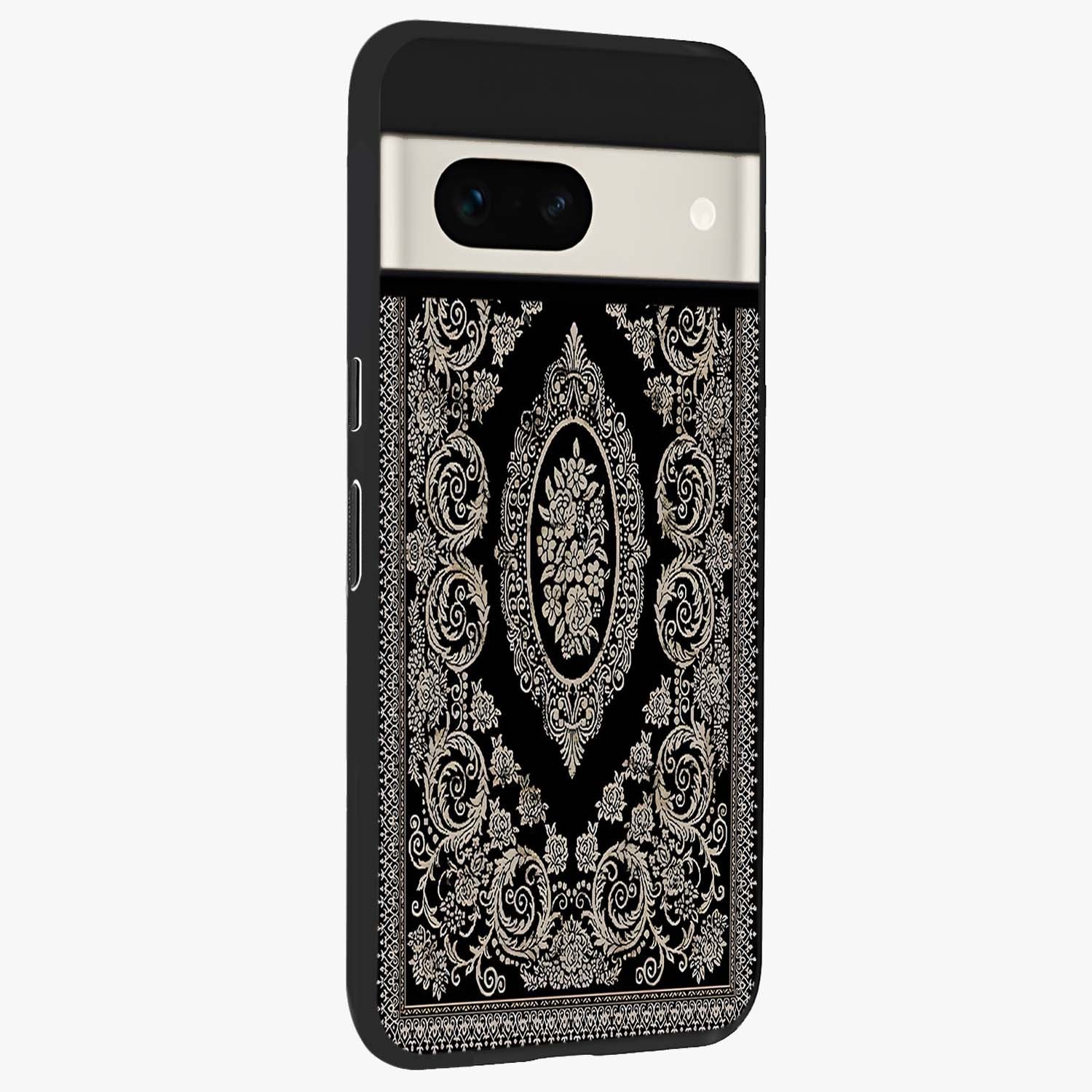 Noir Bloom Elegance Glass Case upright view showcasing graceful floral artwork with luxurious dark theme.