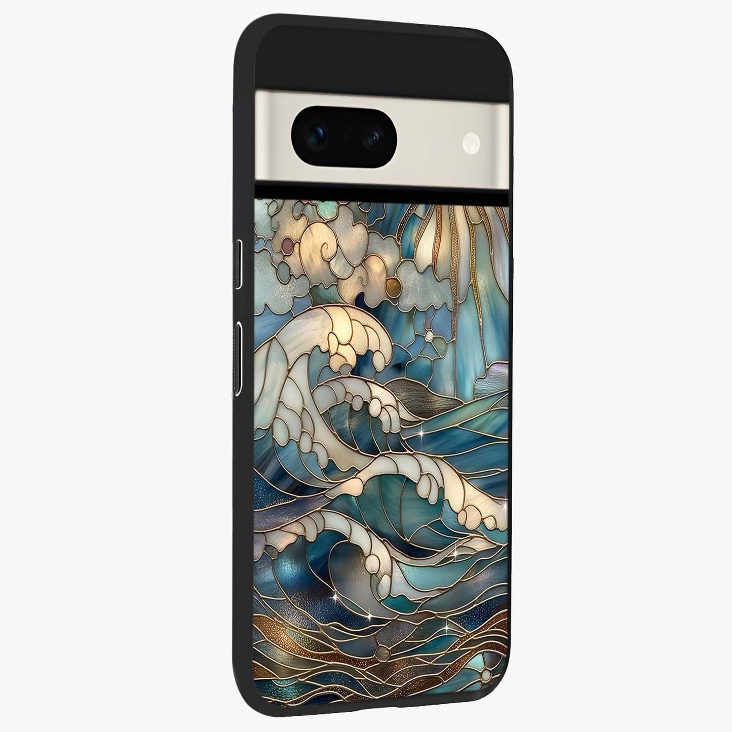 Oceanic Stained Printed Glass Case upright view showcasing decorative ocean pattern artwork with vibrant marine theme.