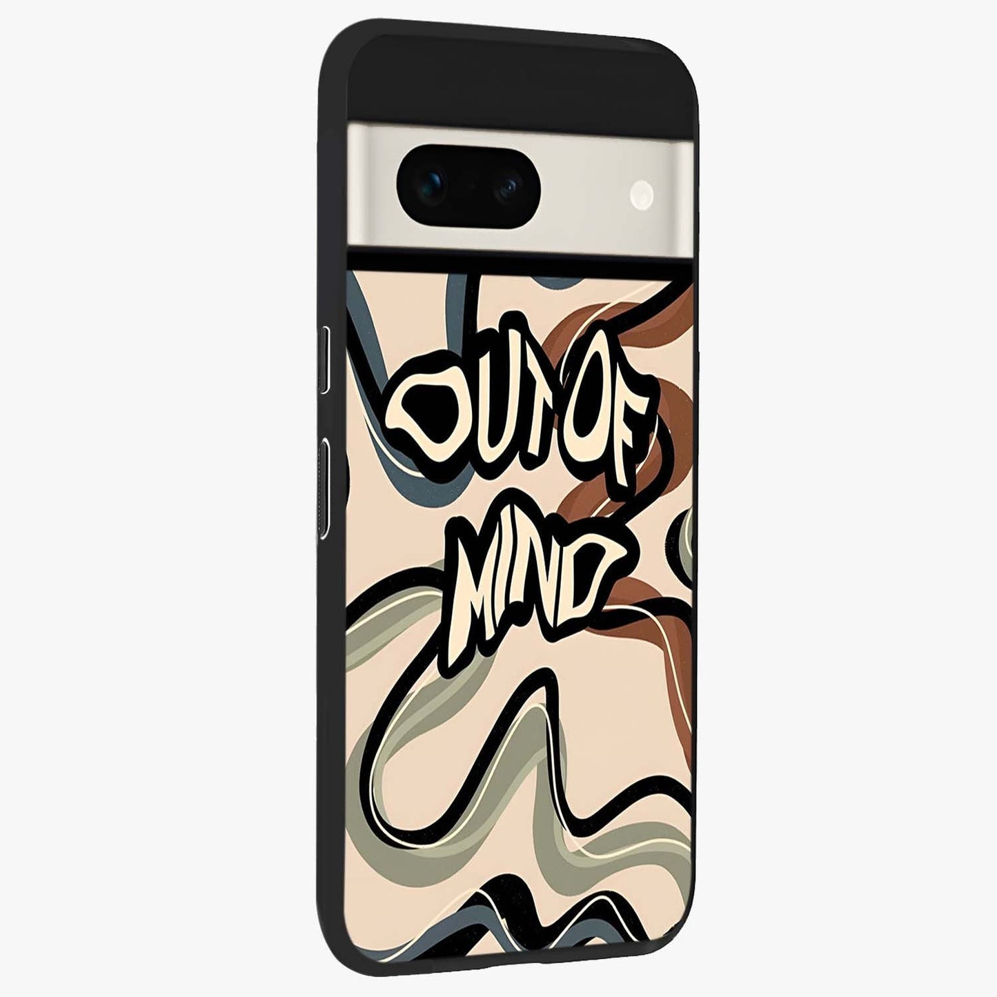 Out Of Mind Glass Case upright view showcasing striking typography artwork with edgy conceptual theme.