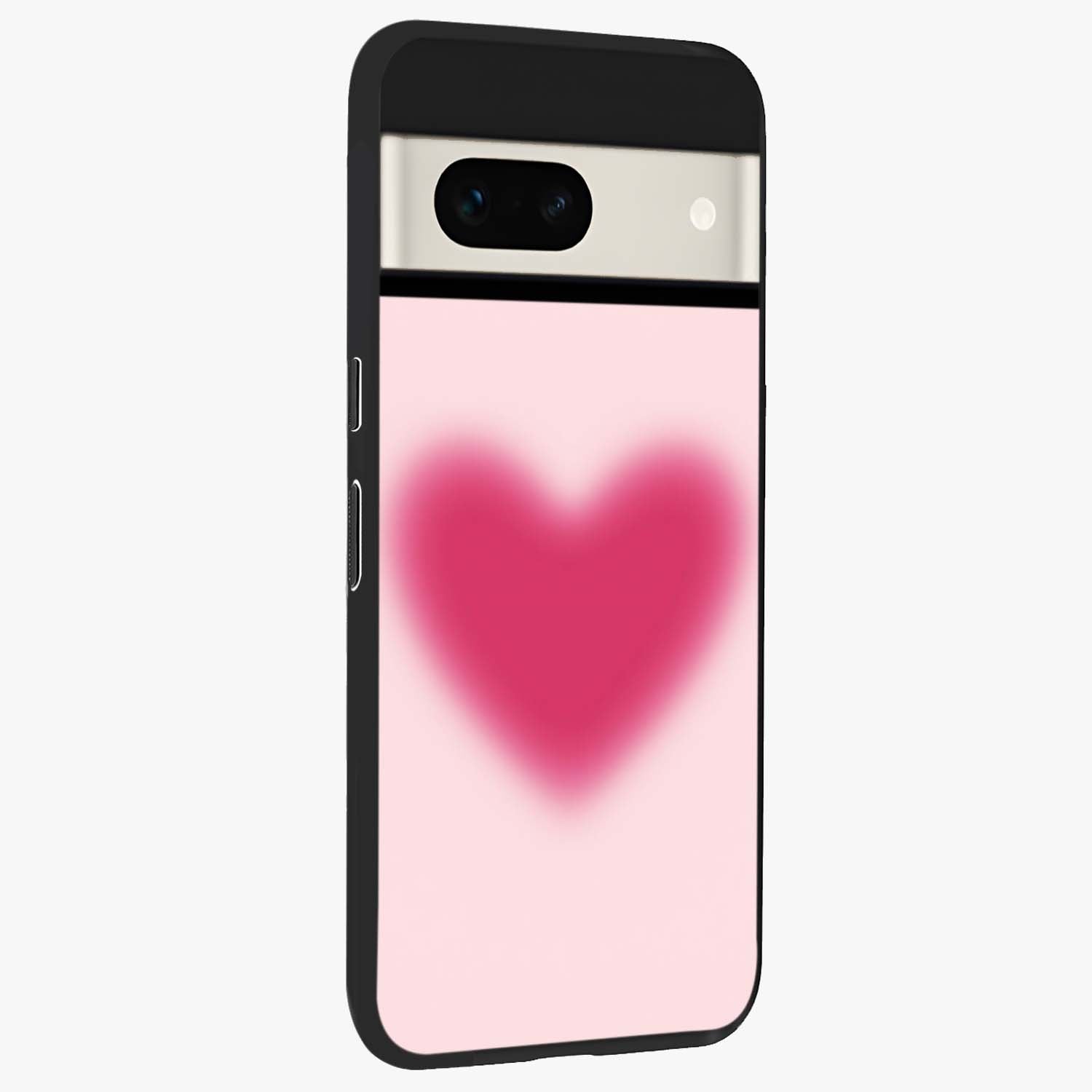 Pink Aura Heart Glass Case upright view showcasing romantic heart artwork with soft pastel theme.