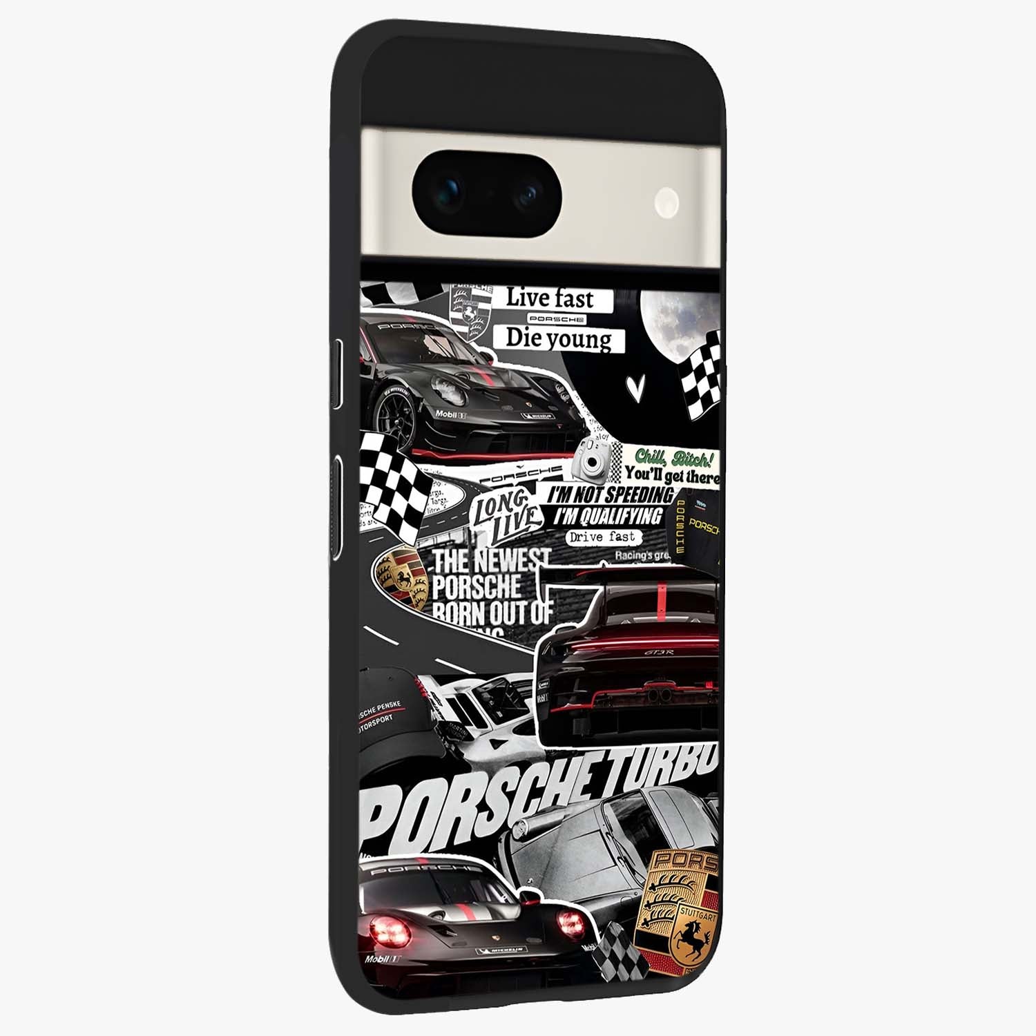 Porsche Racing Collage Glass Case upright view showcasing energetic car collage artwork with high speed racing theme.