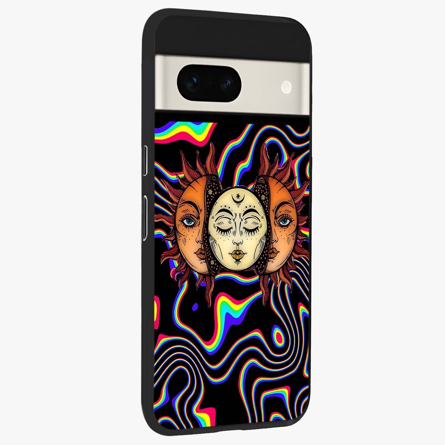 Psychedelic Sun Glass Case upright view showcasing trippy sun artwork with bold psychedelic theme.