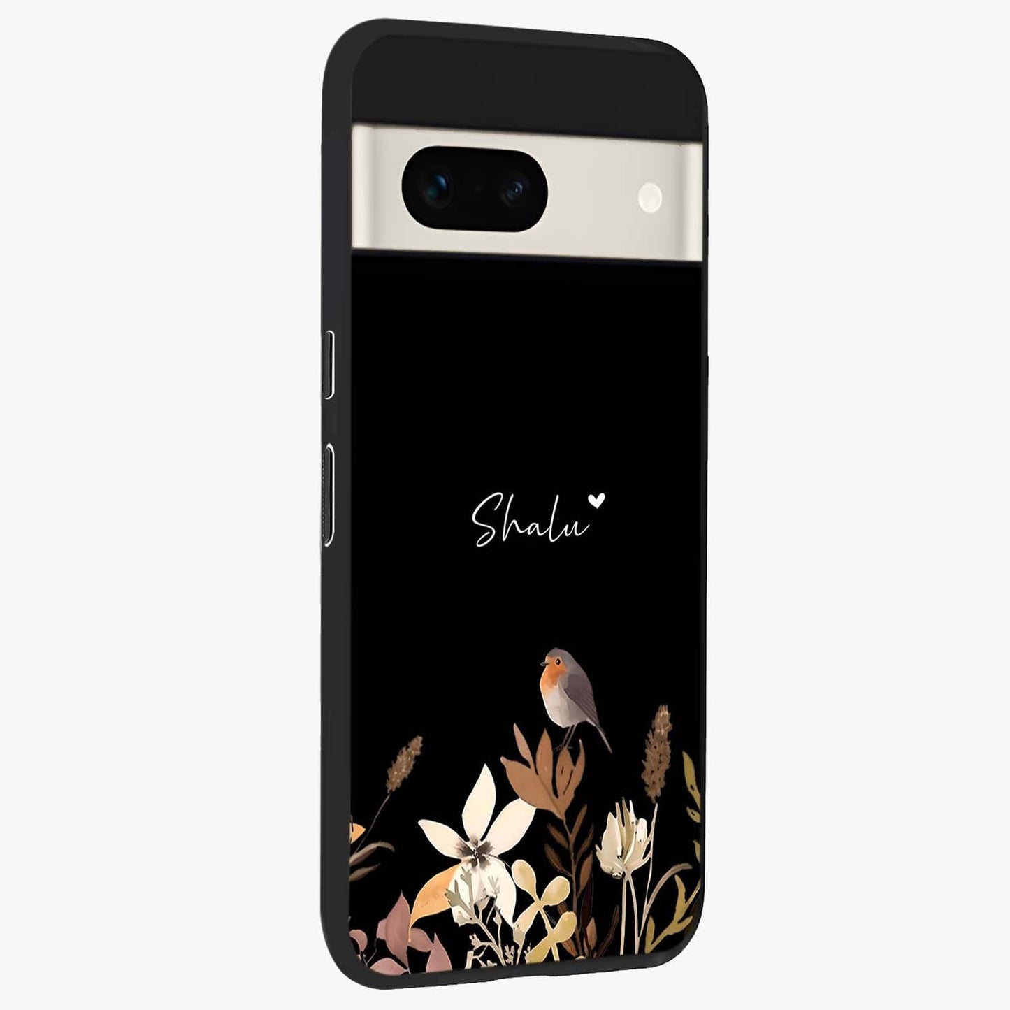 Quiet Garden Tune Custom Name Glass Case upright view showcasing serene botanical artwork with personalized aesthetic.