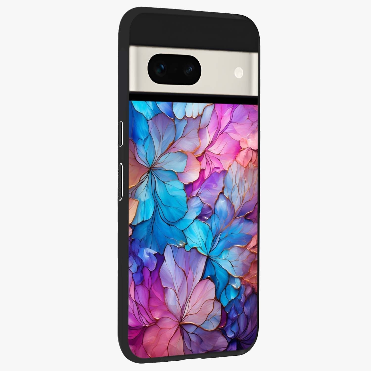 Radiant Floral Whirl Glass Case upright view showcasing lively floral artwork with decorative swirl theme.