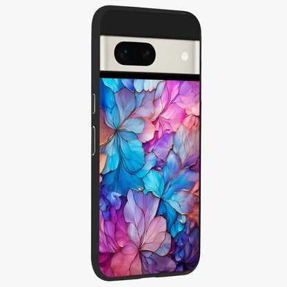Radiant Floral Whirl Glass Case upright view showcasing lively floral artwork with decorative swirl theme.