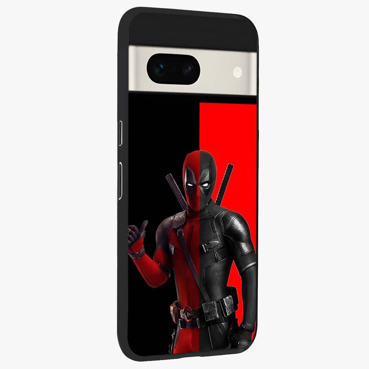 Red & Black Deadpool Theme Glass Case upright view showcasing energetic comic themed artwork with striking red and black design.