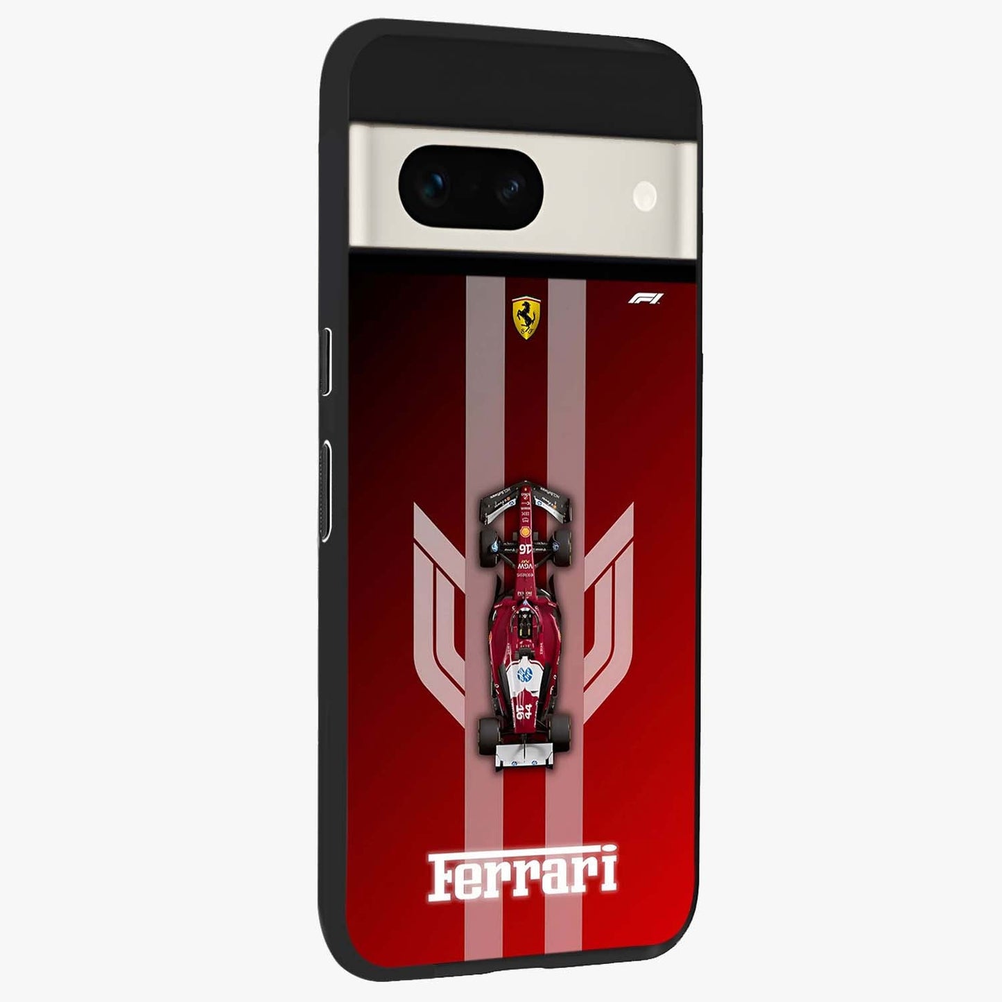 Red Ferrari F1 Vertical Glass Case upright view showcasing powerful Formula car artwork with dynamic motorsport theme.