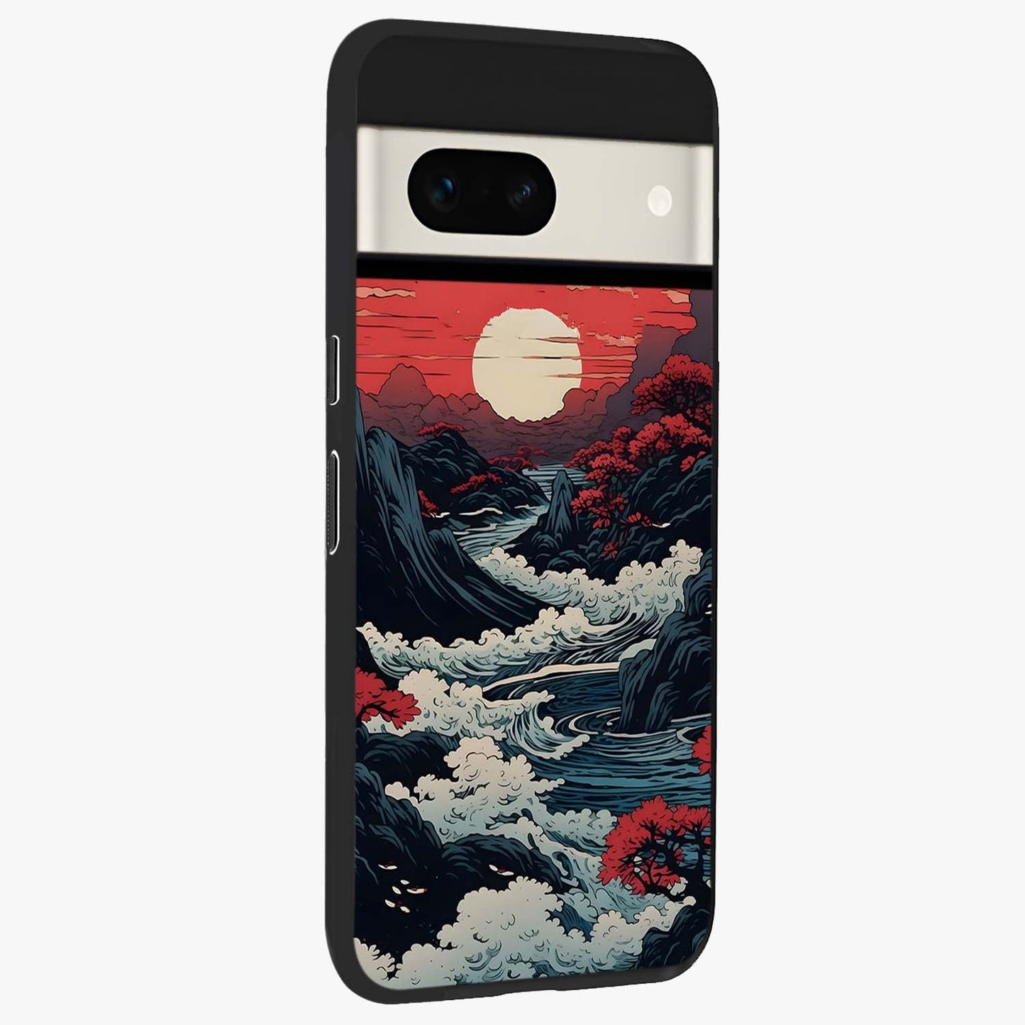 Red Sunset Scenery Glass Case upright view showcasing dramatic sunset scenery artwork with warm nature theme.
