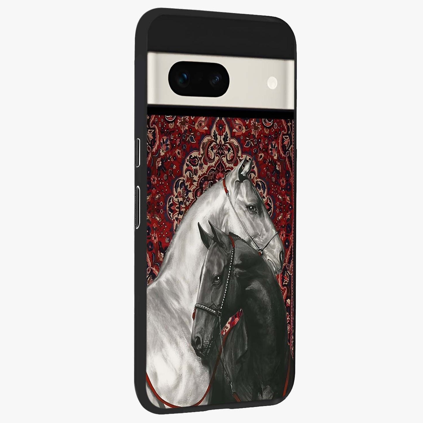Regal Stallion Tapestry Glass Case upright view showcasing powerful horse artwork with elegant tapestry theme.