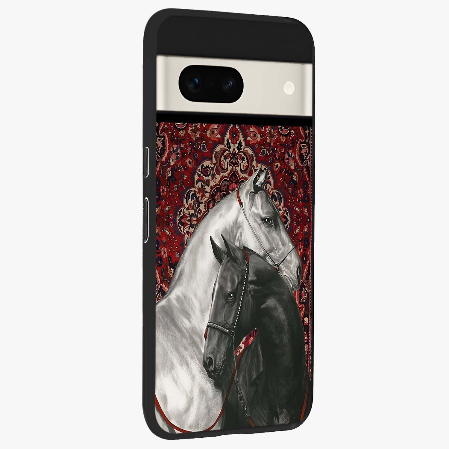 Regal Stallion Tapestry Glass Case upright view showcasing powerful horse artwork with elegant tapestry theme.
