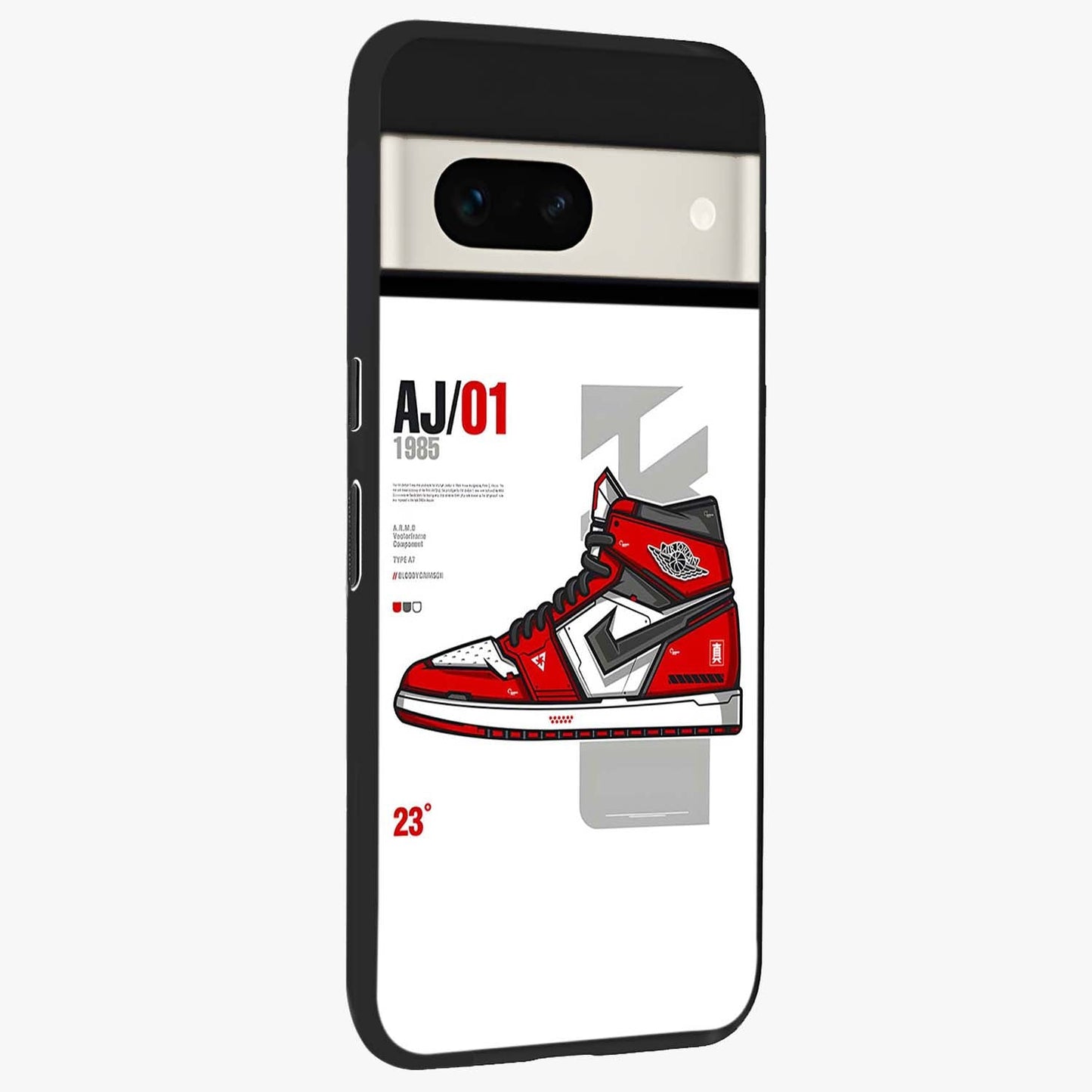 Retro Sneaker Blueprint Glass Case upright view showcasing stylish sneaker illustration with vintage streetwear theme.