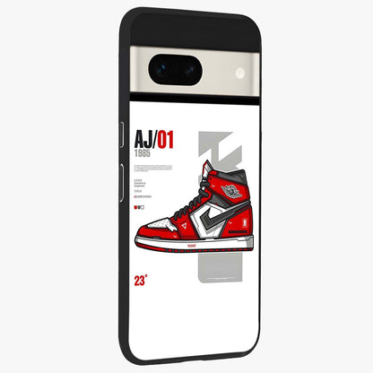 Retro Sneaker Blueprint Glass Case upright view showcasing stylish sneaker illustration with vintage streetwear theme.