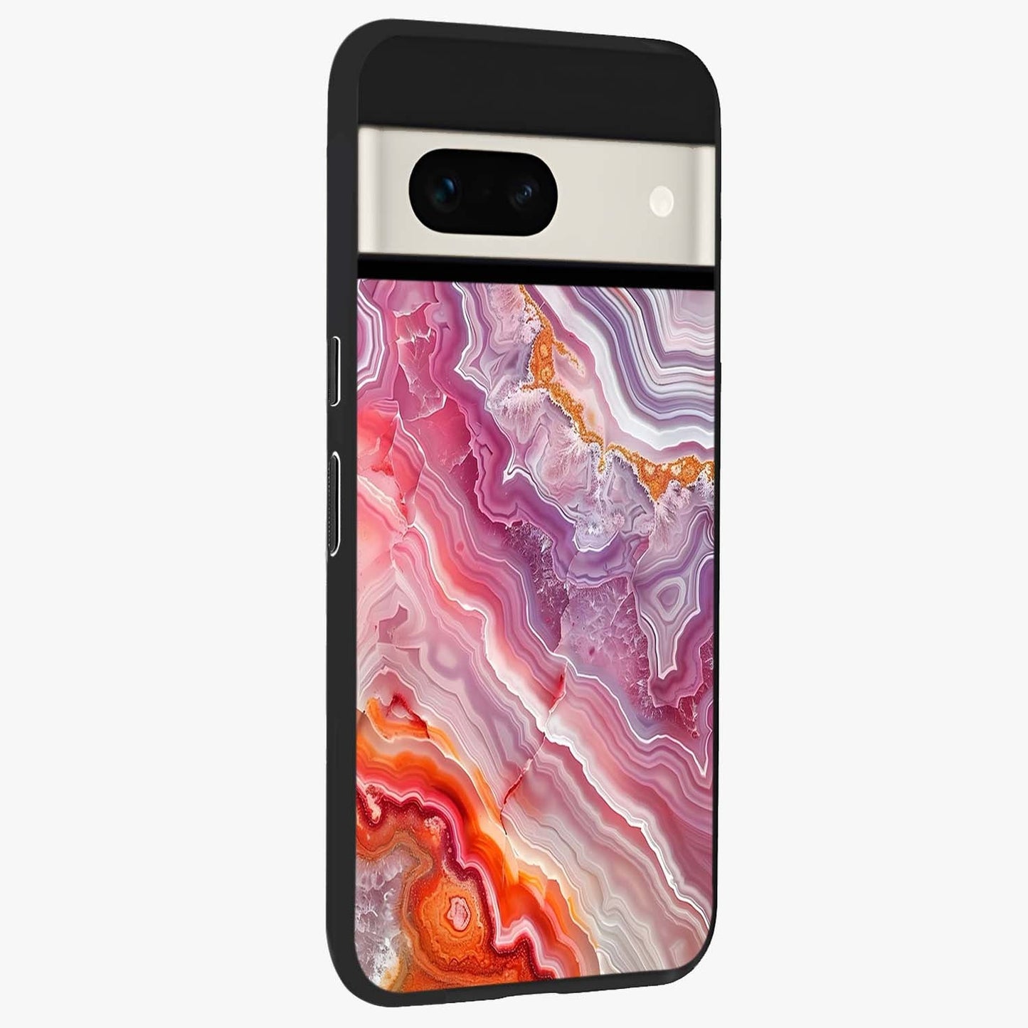Rose Quartz Marble Glass Case upright view showcasing decorative marble artwork with luxurious pastel theme.