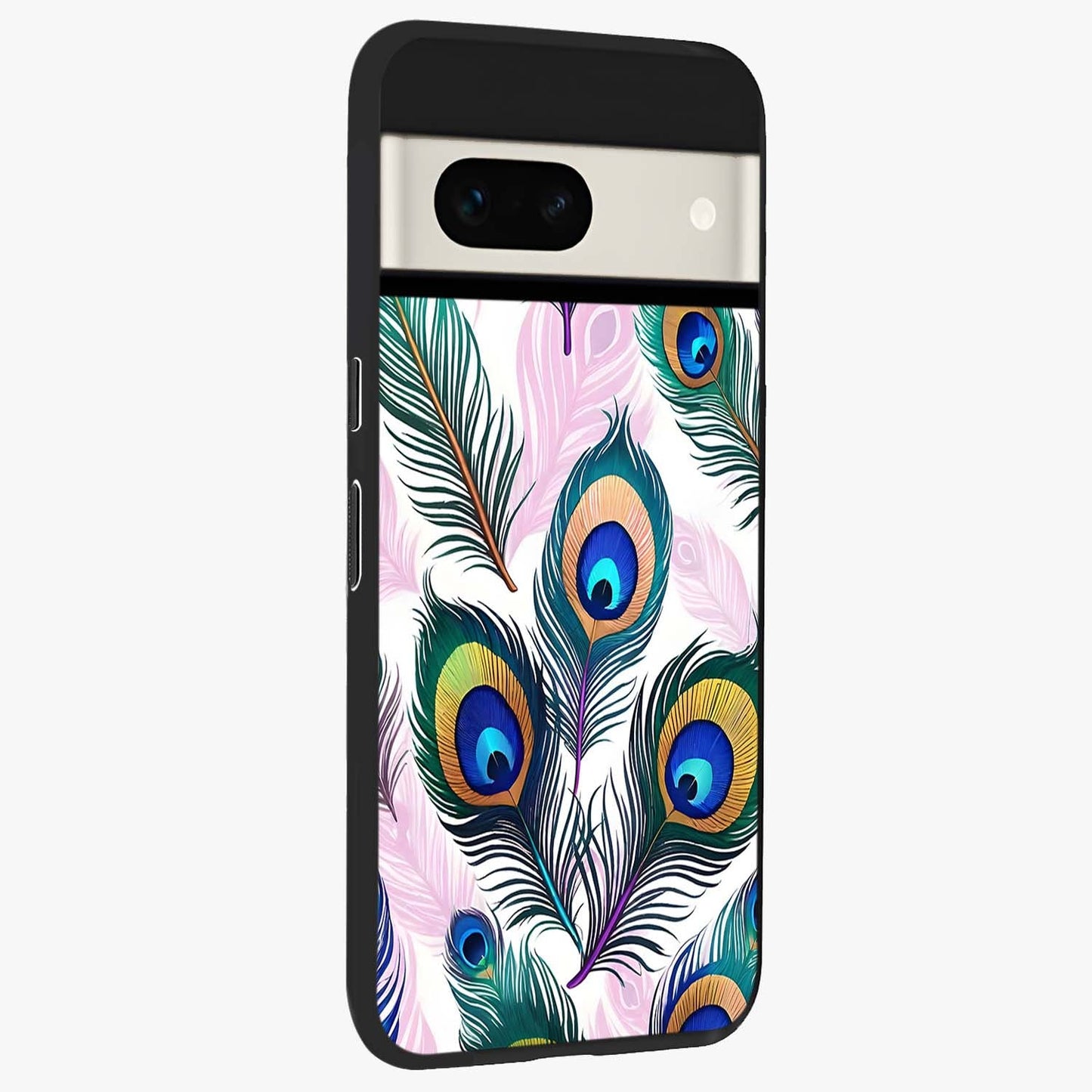 Royal Peacock Feathers Glass Case upright view showcasing elegant peacock feather artwork with decorative royal theme.