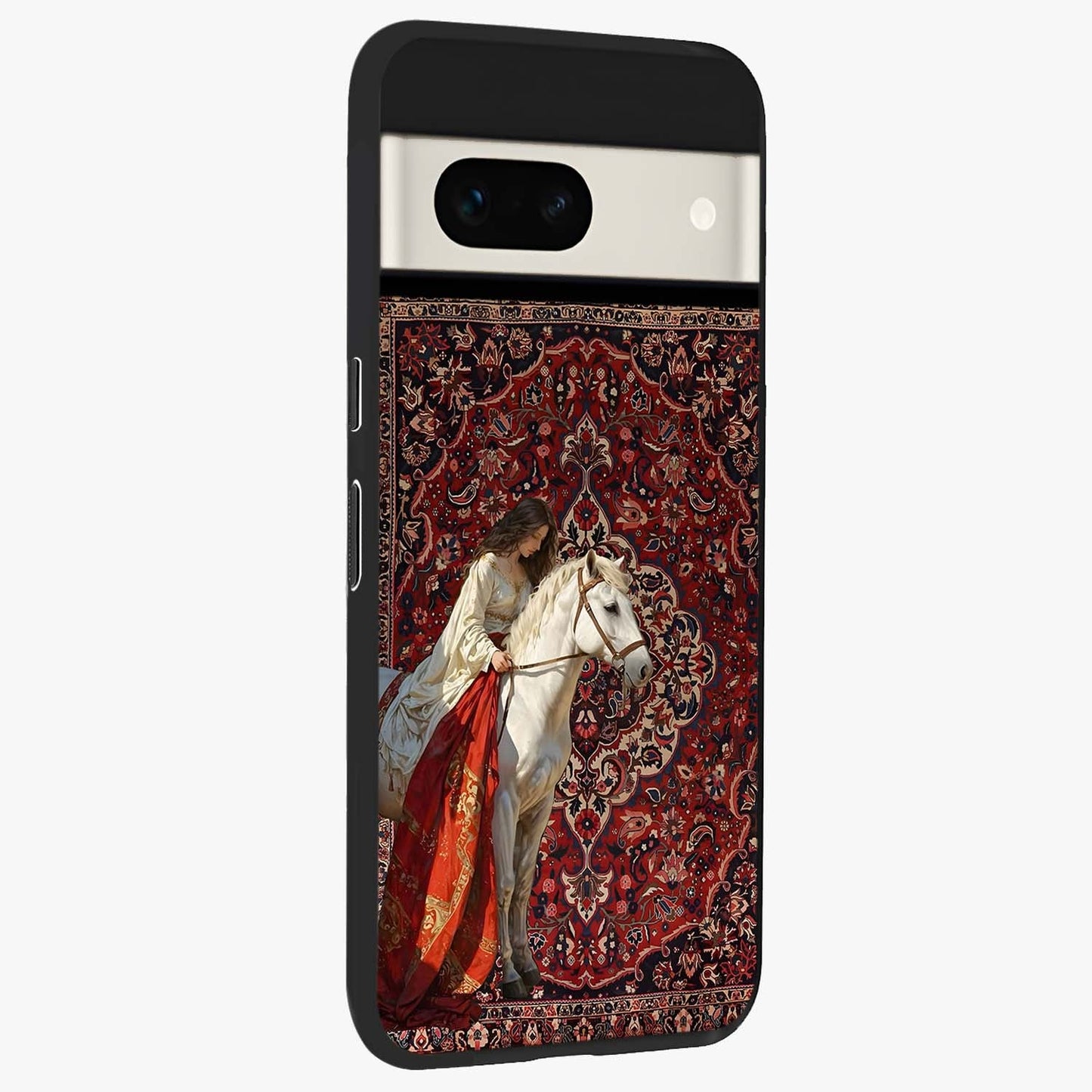 Royal Rider Tapestry Glass Case upright view showcasing detailed rider artwork with classic tapestry theme.