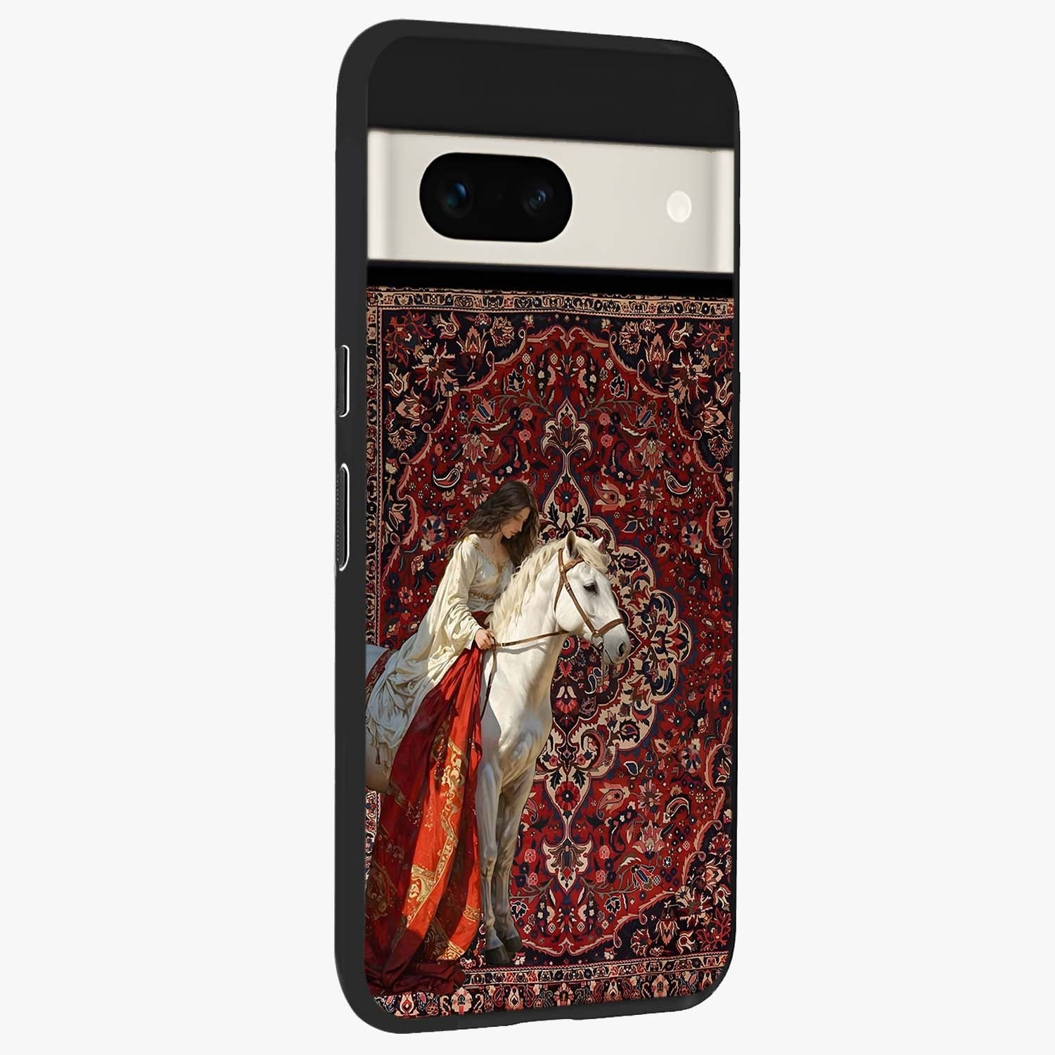 Royal Rider Tapestry Glass Case upright view showcasing detailed rider artwork with classic tapestry theme.