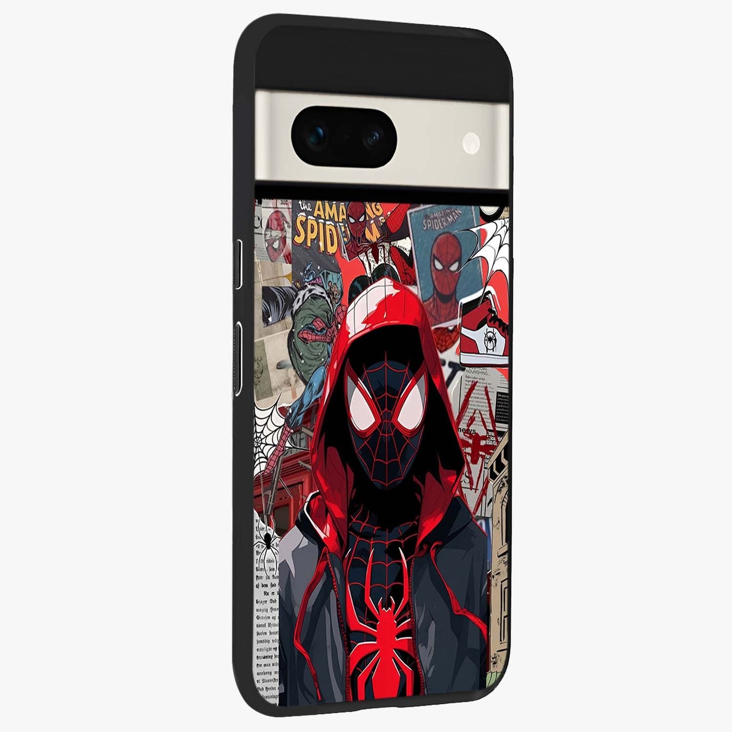 Spider Collage Street Glass Case upright view showcasing bold superhero artwork with urban street theme.