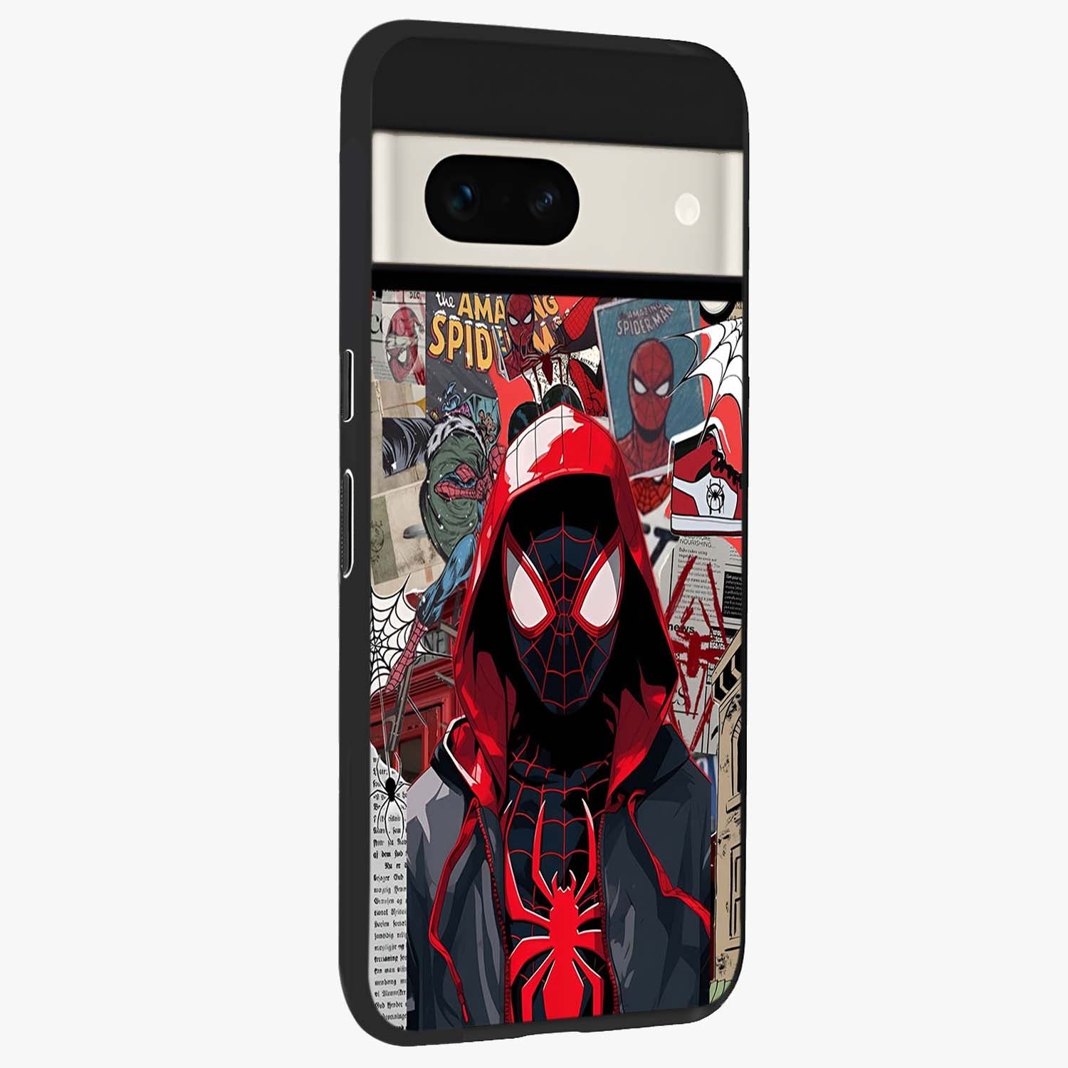 Spider Collage Street Glass Case upright view showcasing bold superhero artwork with urban street theme.