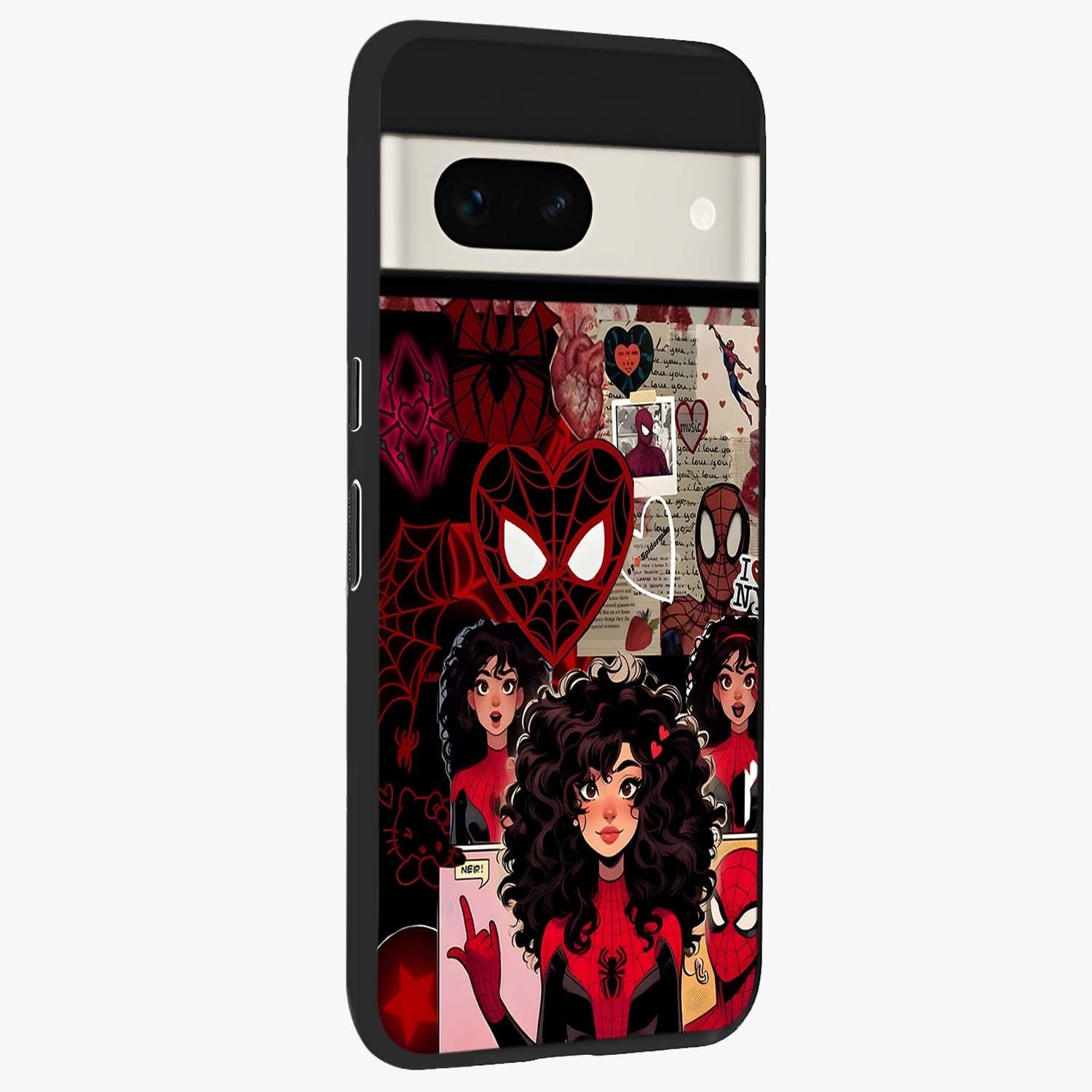 Spider Love Story Glass Case upright view showcasing charming superhero artwork with romantic comic theme.