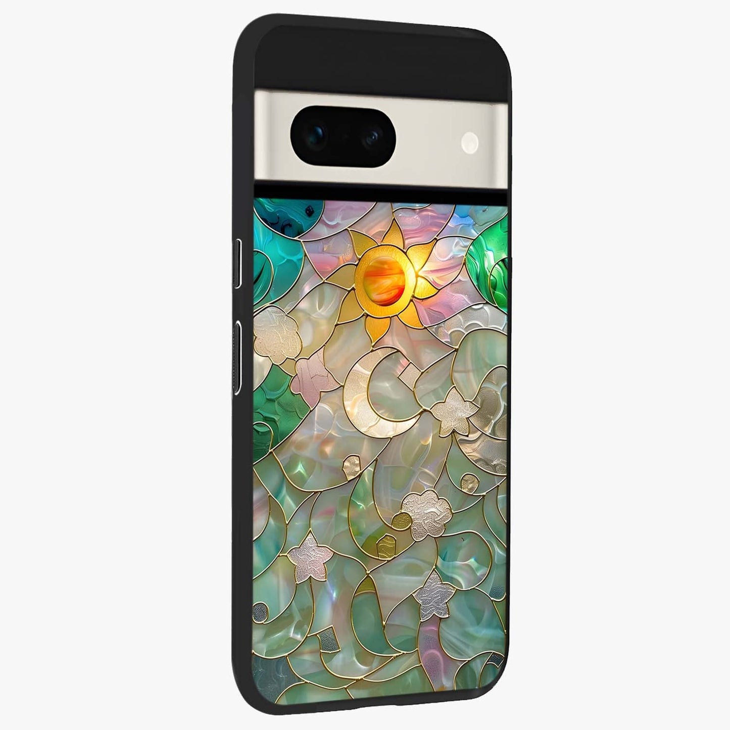 Stained Sunrise Glow Glass Case upright view showcasing colorful sunrise artwork with warm morning theme.