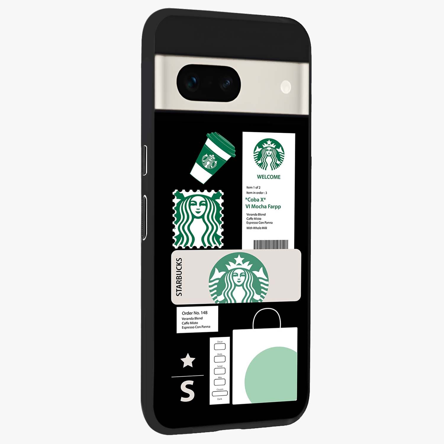 Starbucks Mocha Glass Case upright view showcasing trendy coffee inspired artwork with modern lifestyle theme.