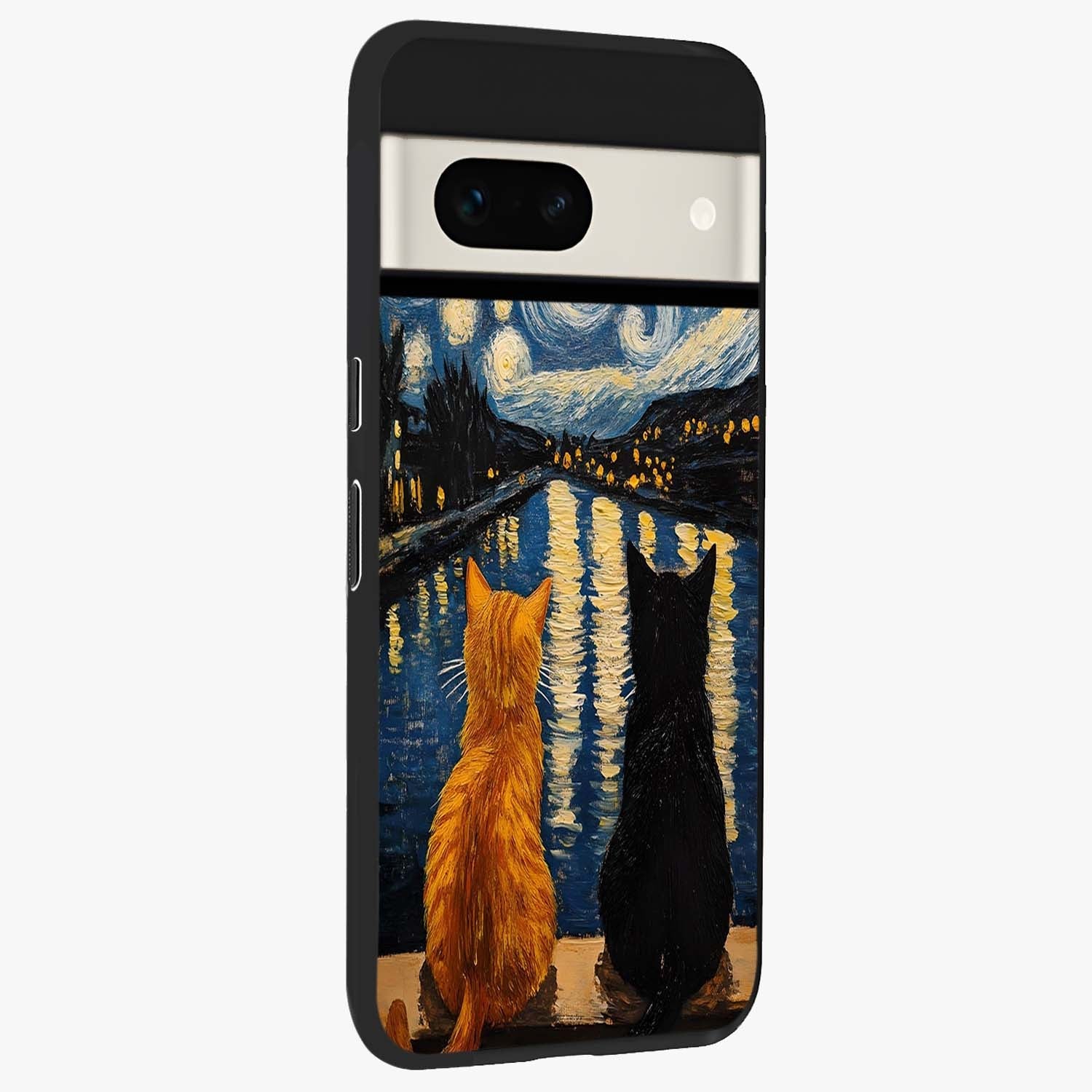 Starry River Cats Glass Case upright view showcasing adorable cat artwork with magical river and stars theme.