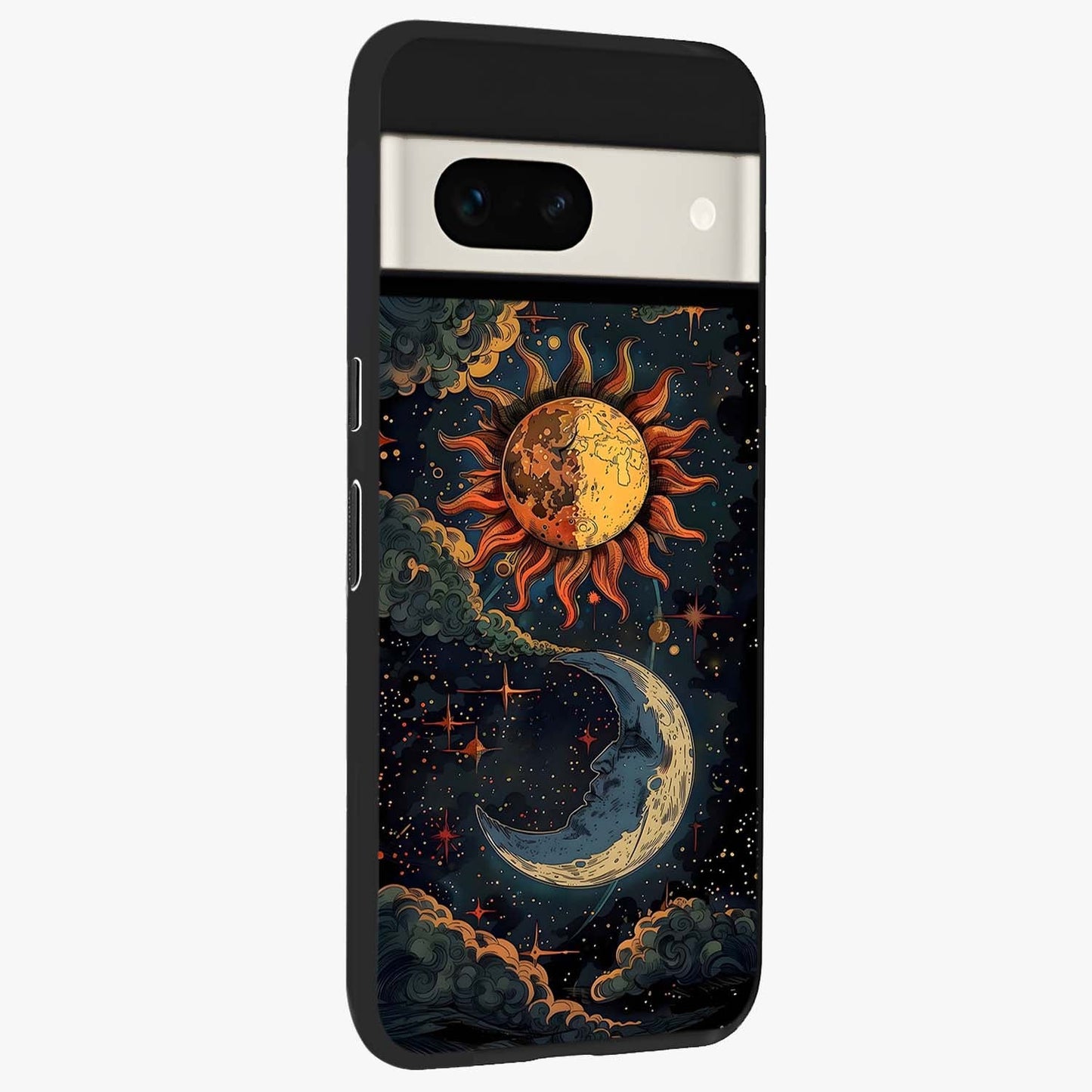 Sun And Moon Magic Design Glass Case upright view showcasing decorative sun and moon artwork with spiritual celestial theme.