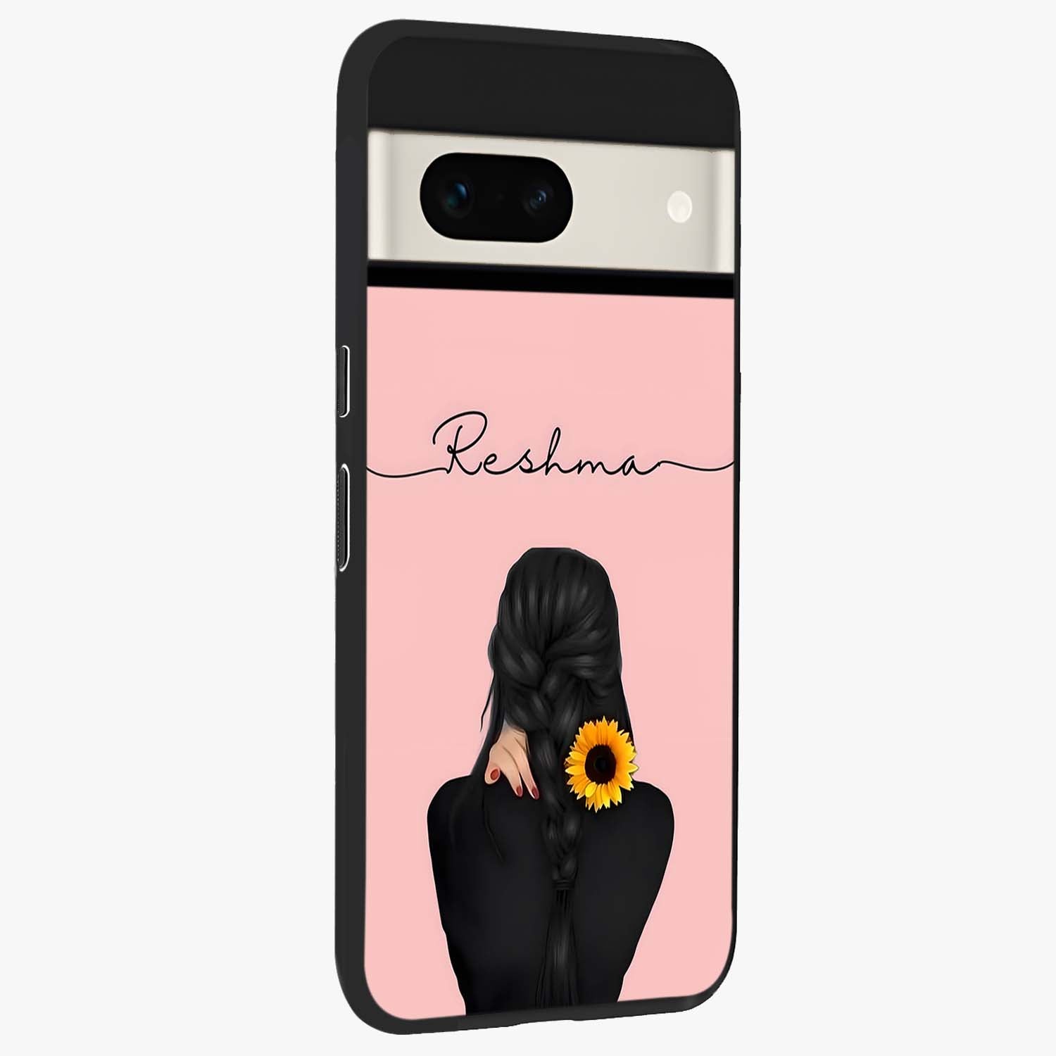 Sunflower Braid Beauty With Custom Name Glass Case upright view showcasing bright sunflower artwork with personalized floral aesthetic.