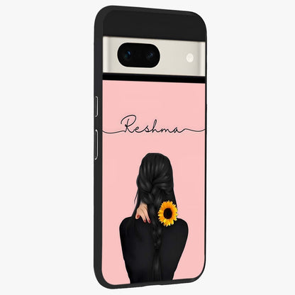 Sunflower Braid Beauty With Custom Name Glass Case upright view showcasing bright sunflower artwork with personalized floral aesthetic.
