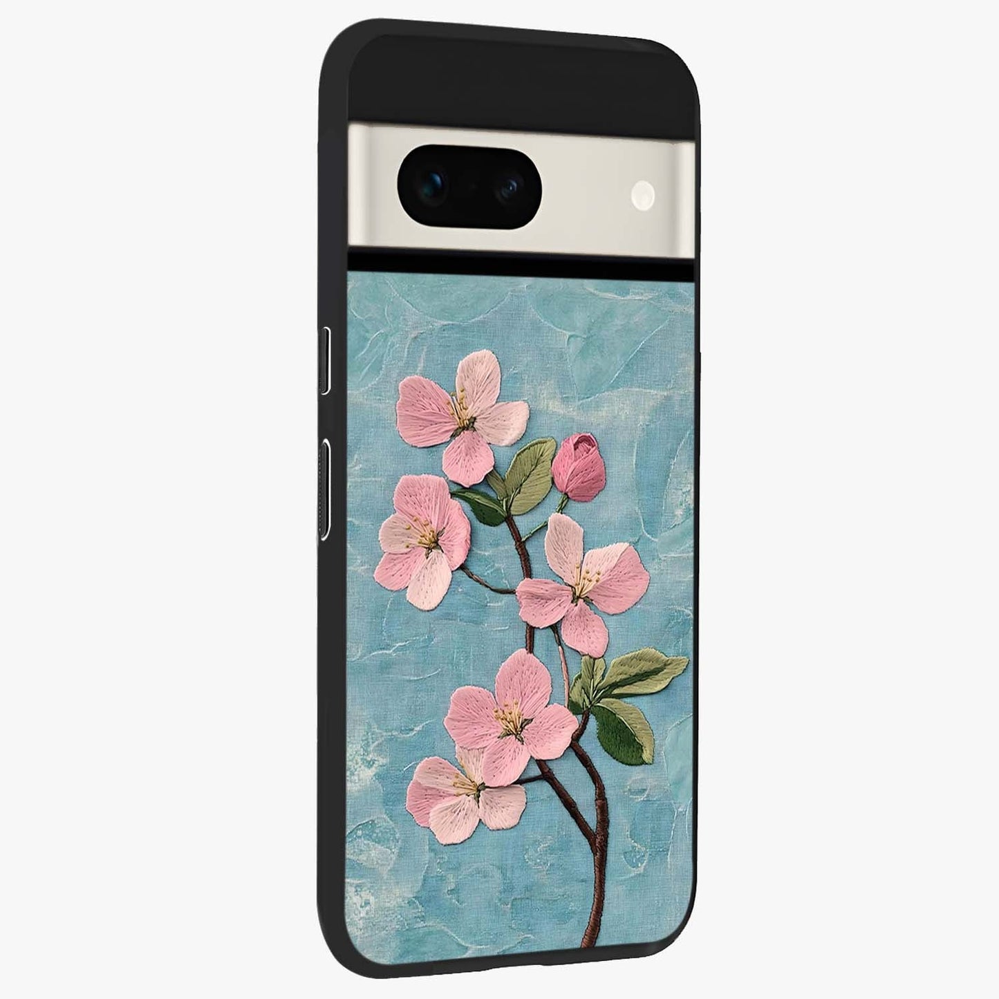 Threaded Blossom Breeze Glass Case upright view showcasing graceful flower artwork with calm botanical theme.
