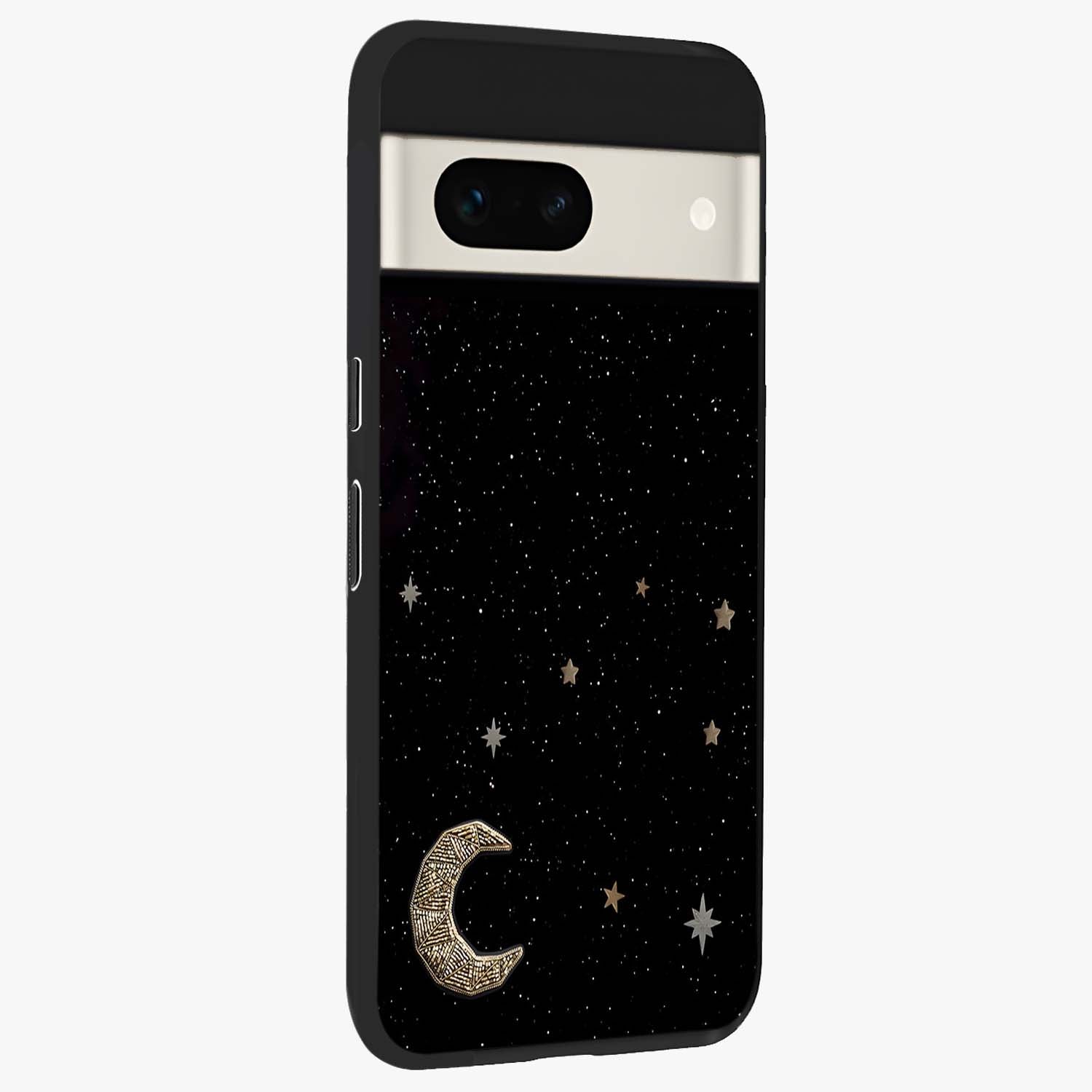 Twinkle Star With Half Moon Glass Case upright view showcasing glowing cosmic artwork with dreamy night theme.