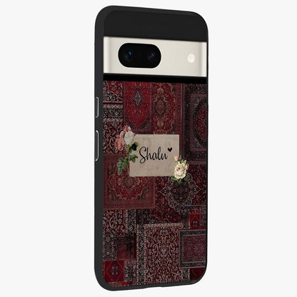Velvet Wine Pattern Custom Name Glass Case upright view showcasing luxurious wine toned artwork with personalized aesthetic.