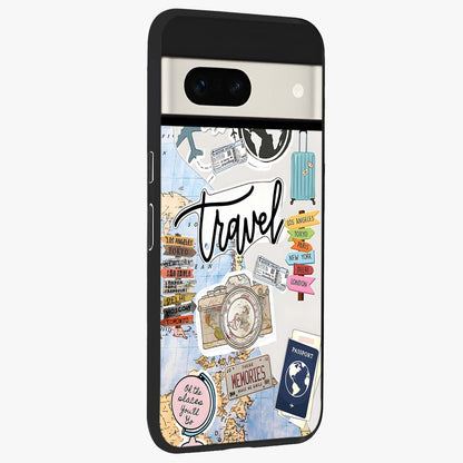 Wanderlust Journal Glass Case upright view showcasing wanderlust inspired artwork with creative exploration theme.