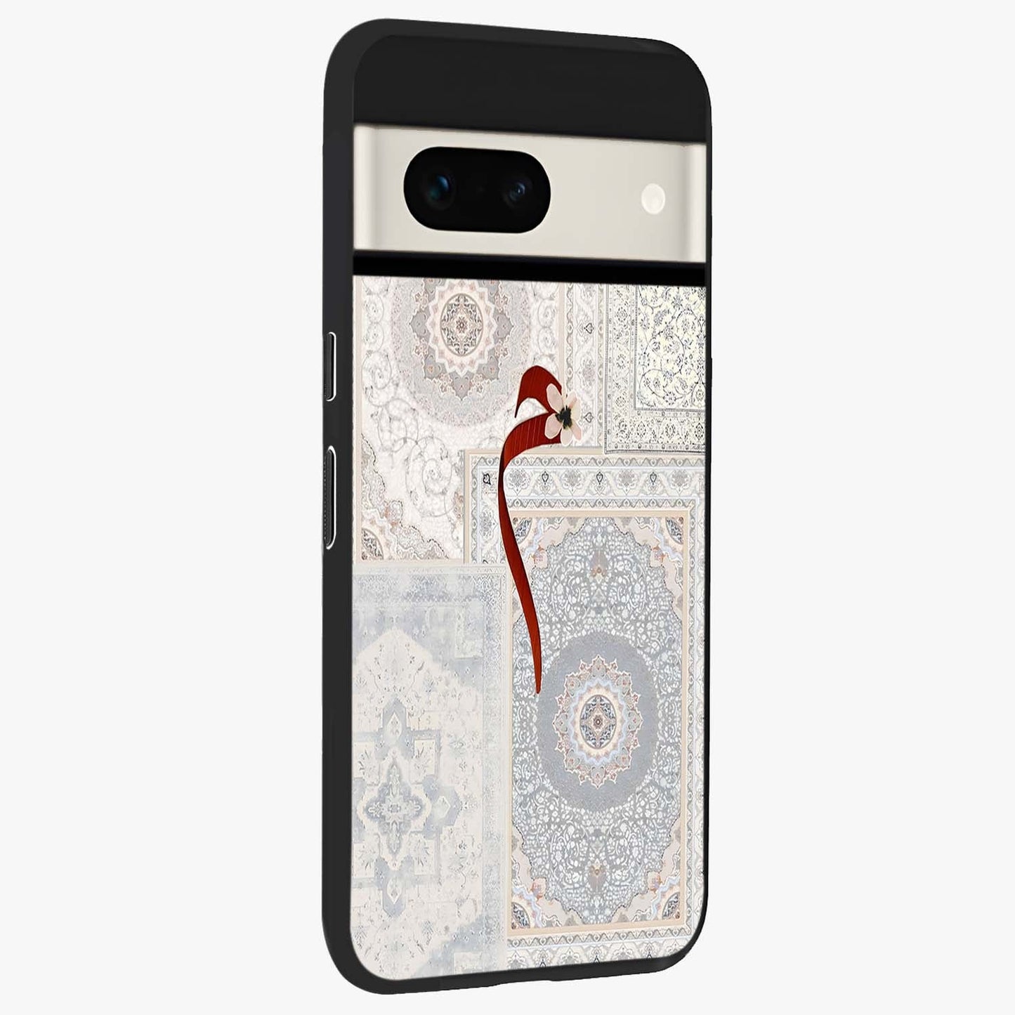White Aesthetic Bow Glass Case upright view showcasing delicate ribbon bow artwork with cute minimalist theme.