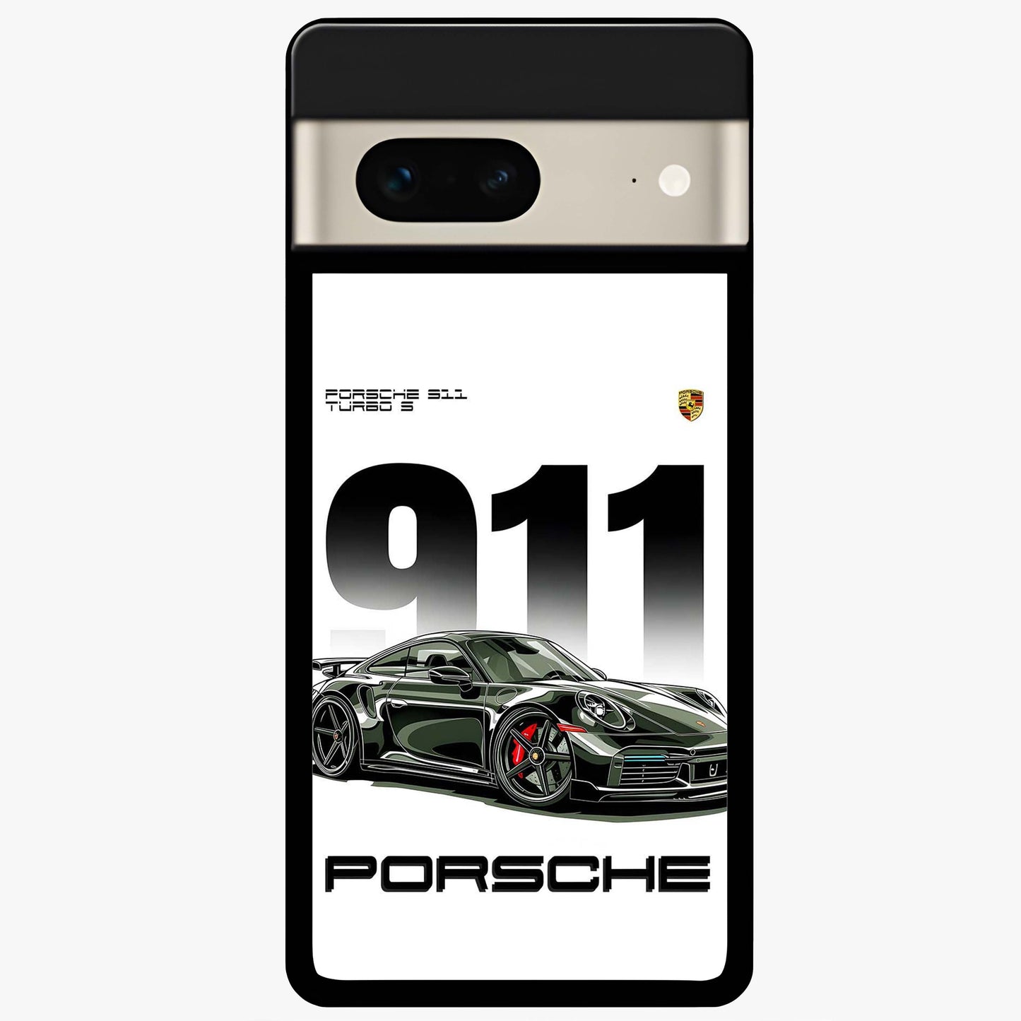 911 Turbo Dominance Glass Case showing clean flat back view with bold 911 sports car artwork and glossy glass finish.