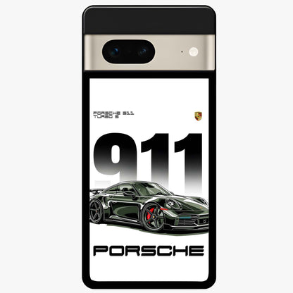911 Turbo Dominance Glass Case showing clean flat back view with bold 911 sports car artwork and glossy glass finish.