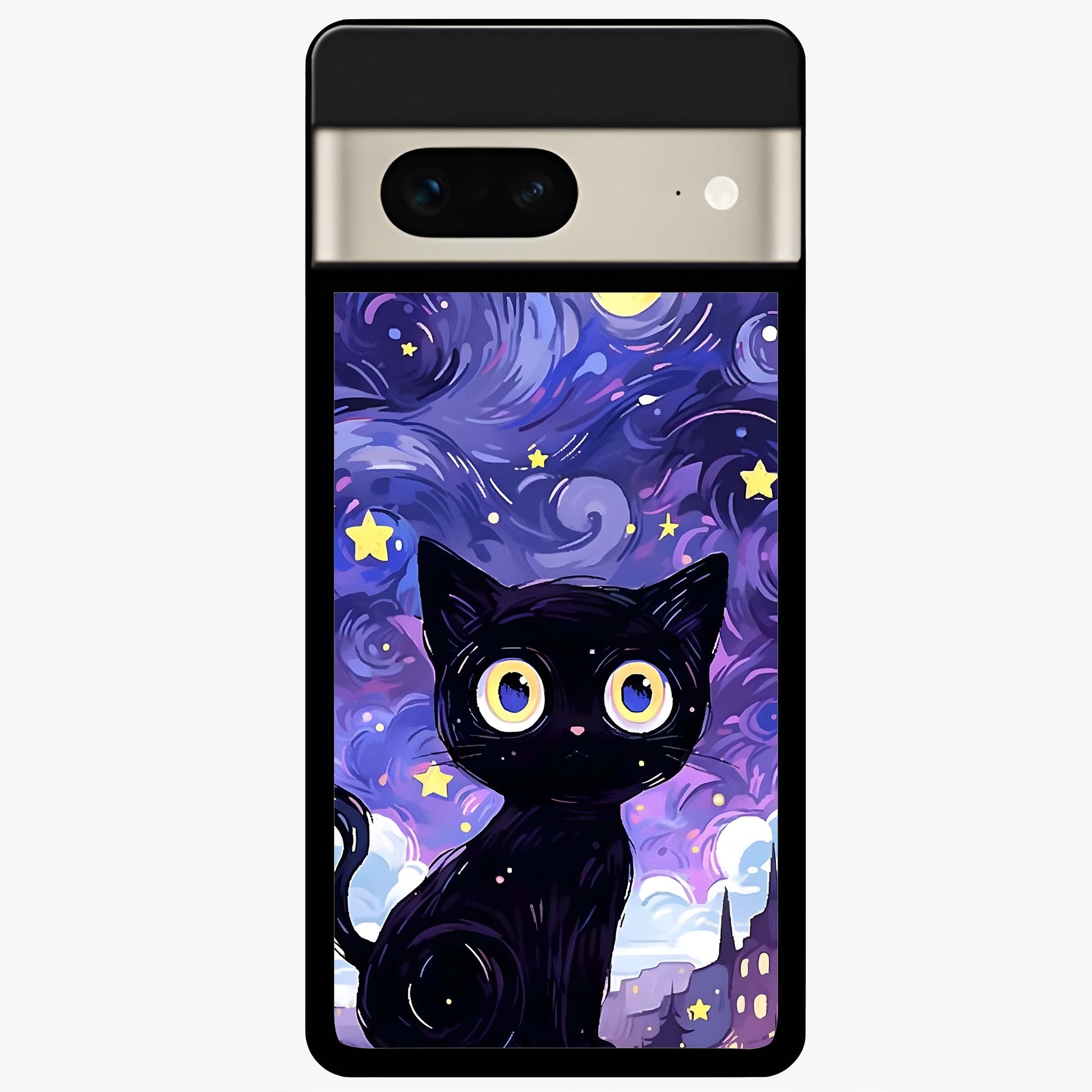 Abstract Cat Art Glass Case showing flat back view with artistic cat illustration and glossy glass finish.