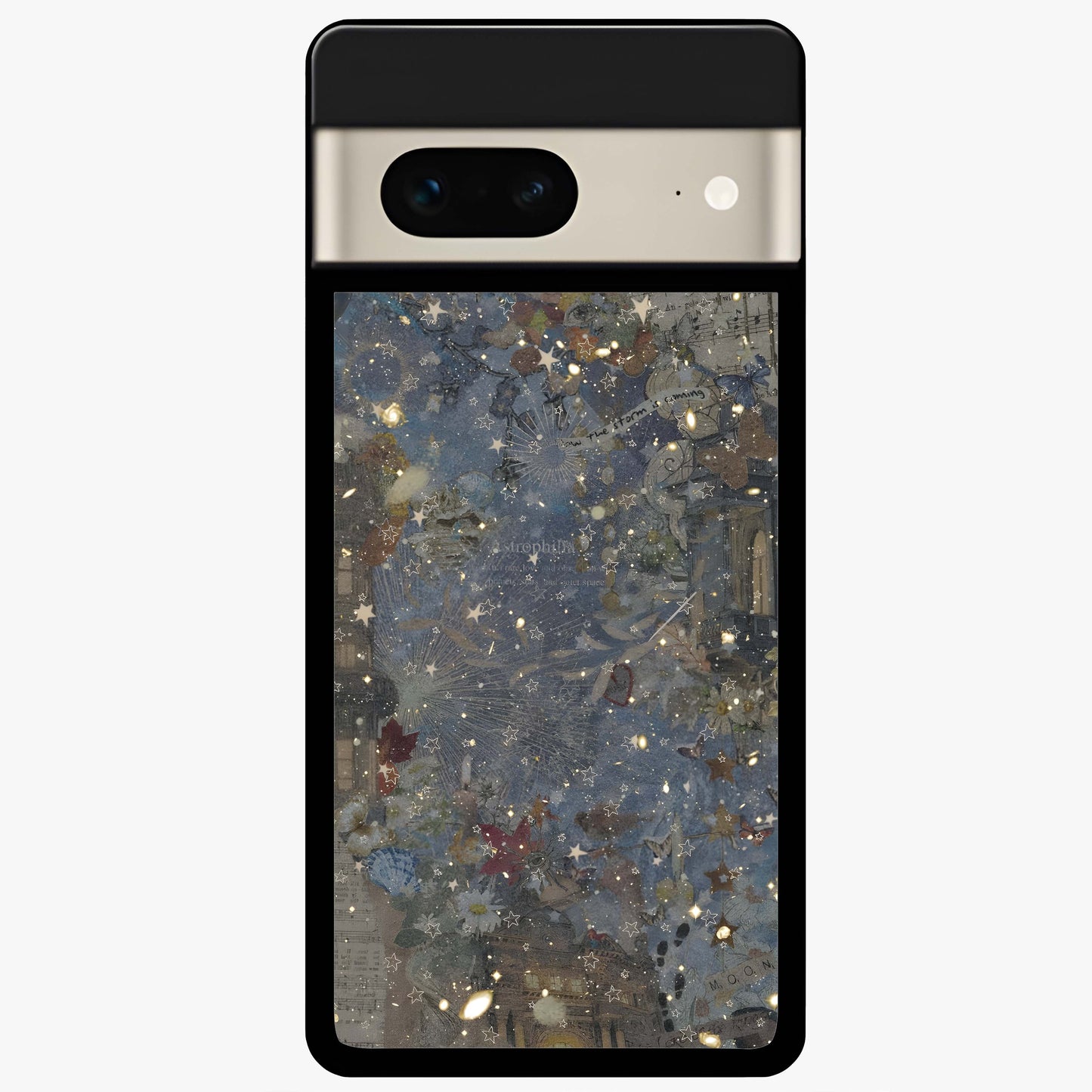 Aesthetic Astrolophia Glass Case showing flat back view with dreamy aesthetic design and glossy glass finish.